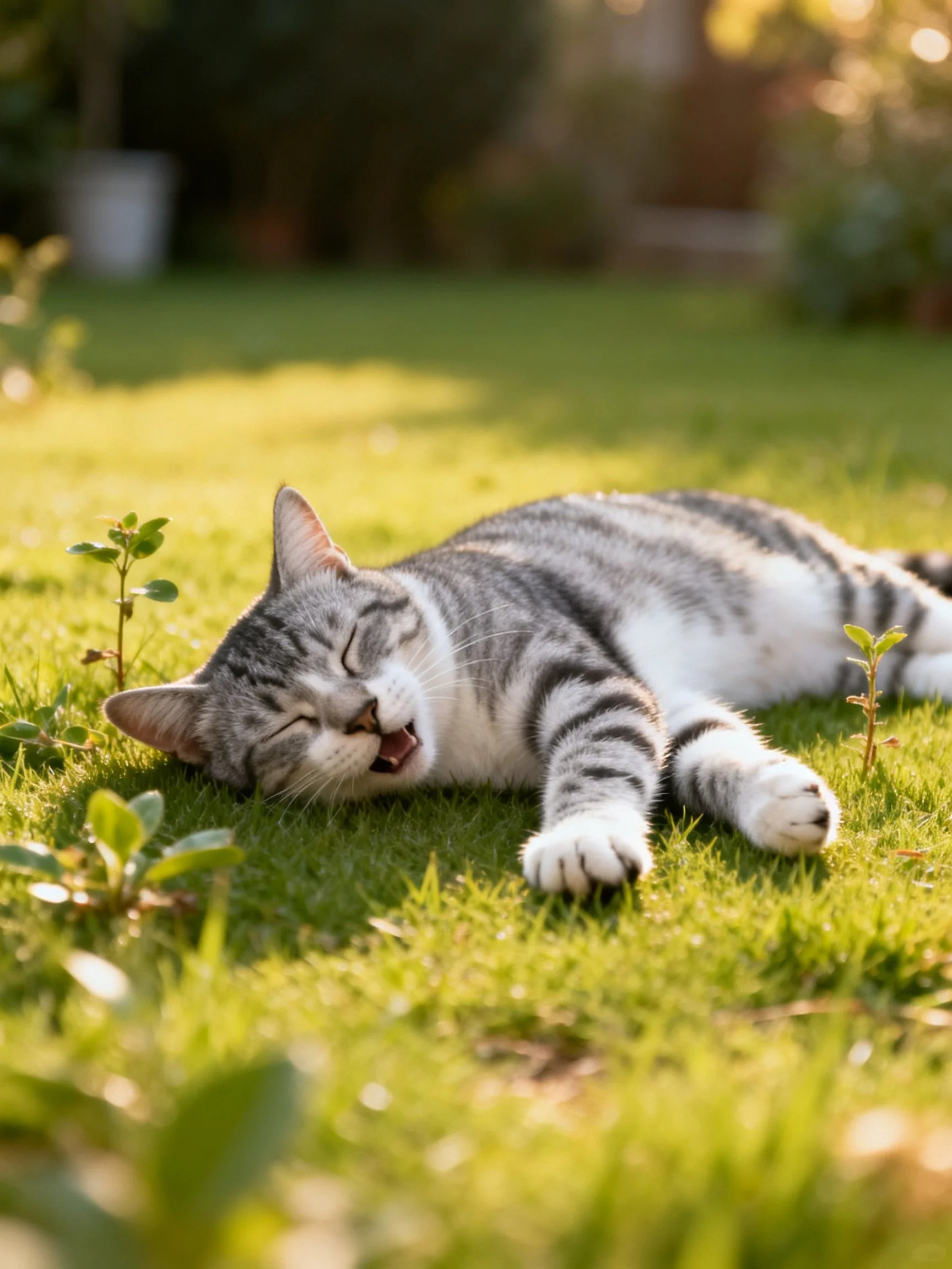 A gray-striped cat yawning on sunlit grass
