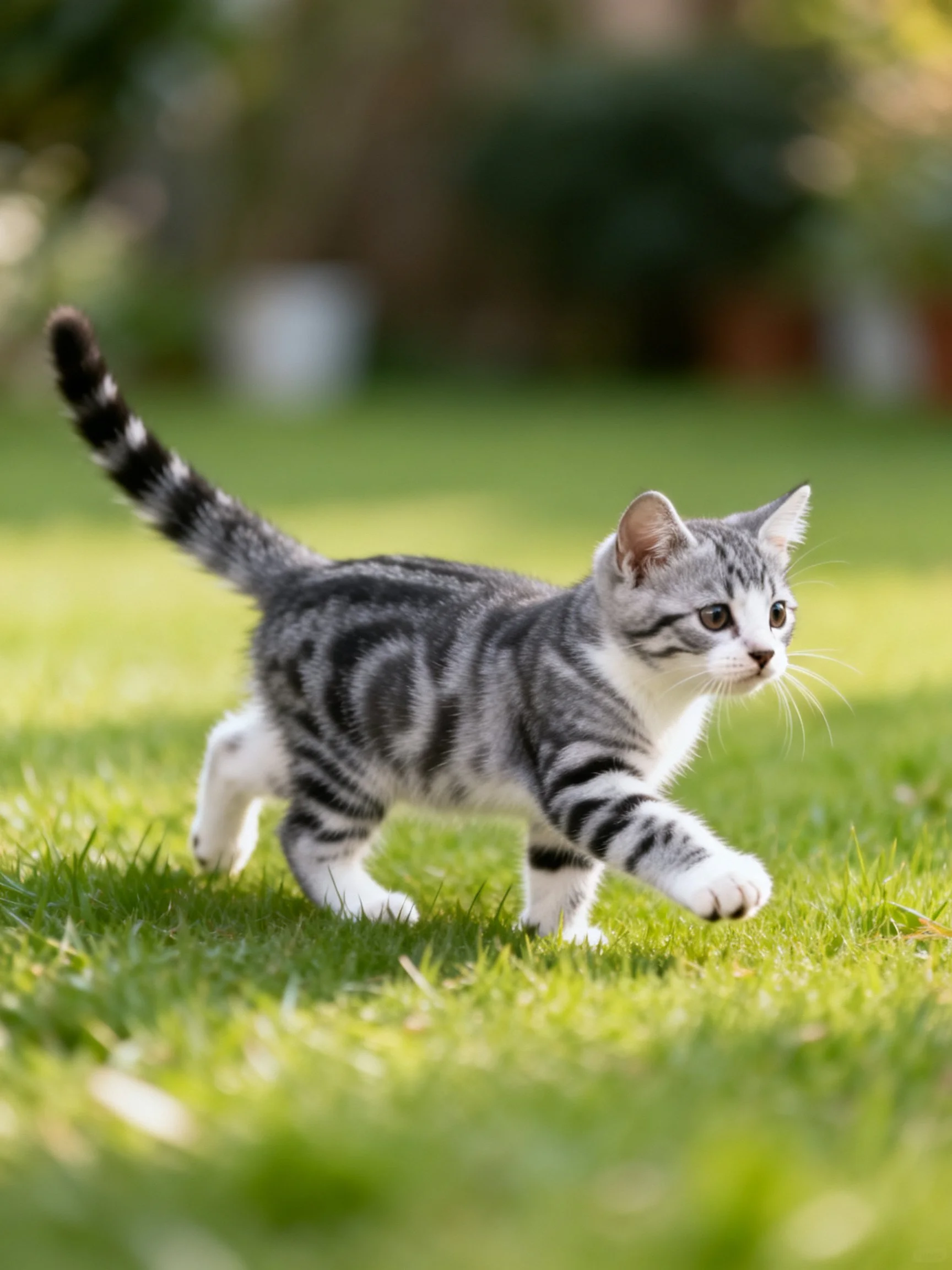 A gray striped kitten explores a sunlit green lawn