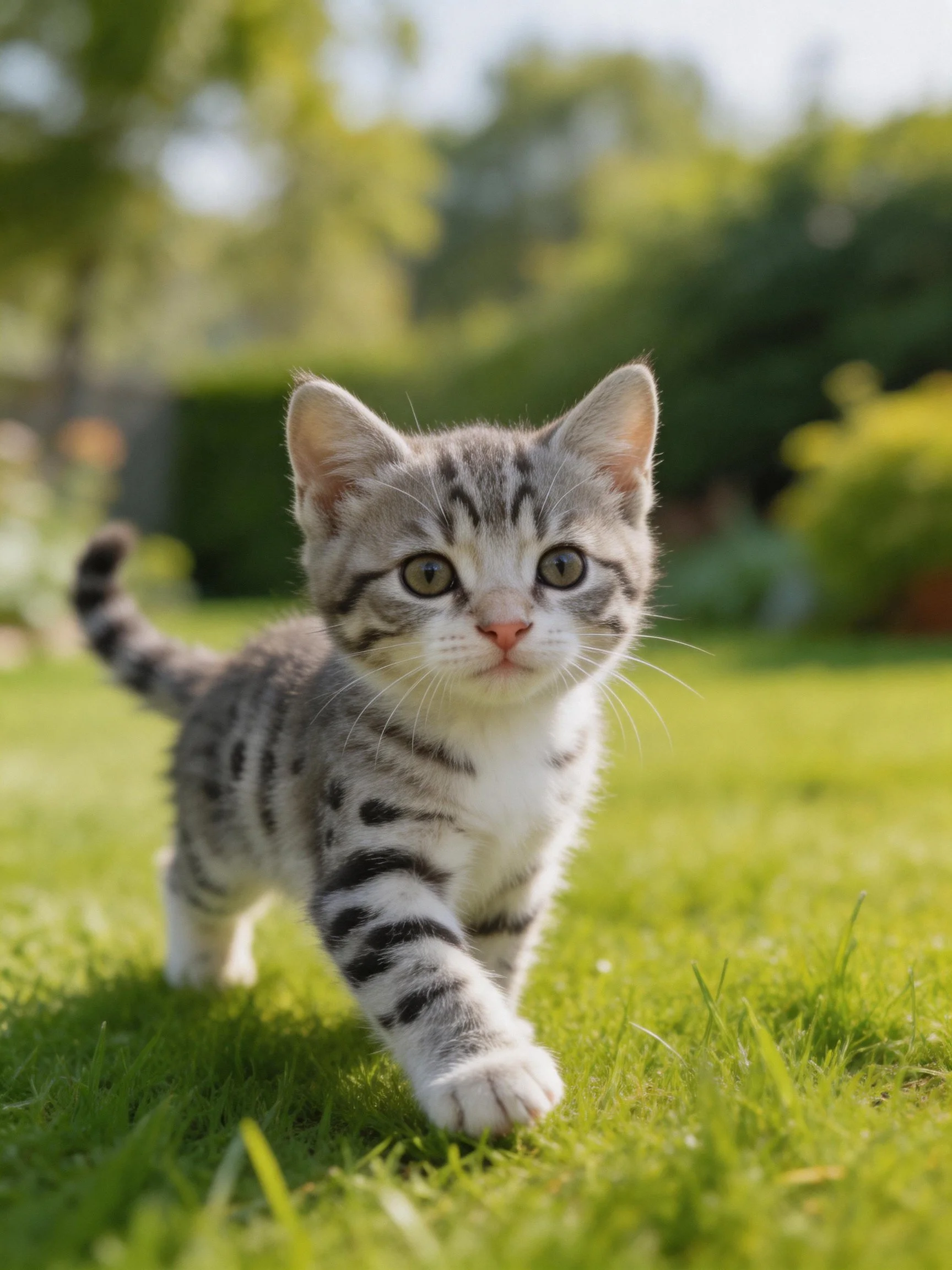 A gray-striped kitten explores a sunlit green lawn