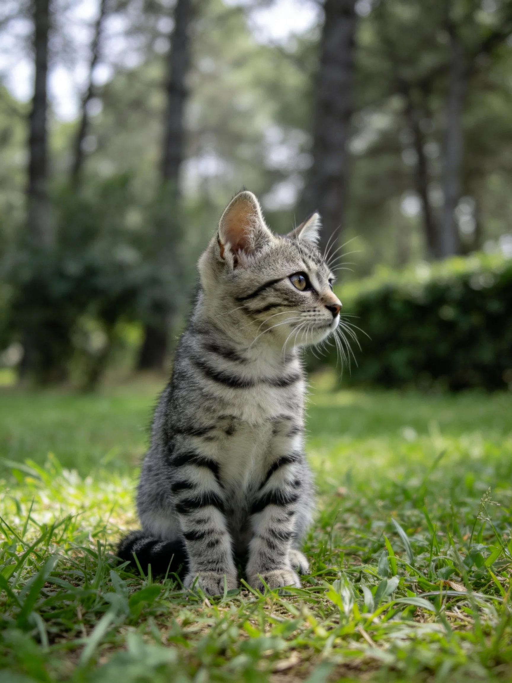 A gray-striped kitten sits on lush green grass near tall trees