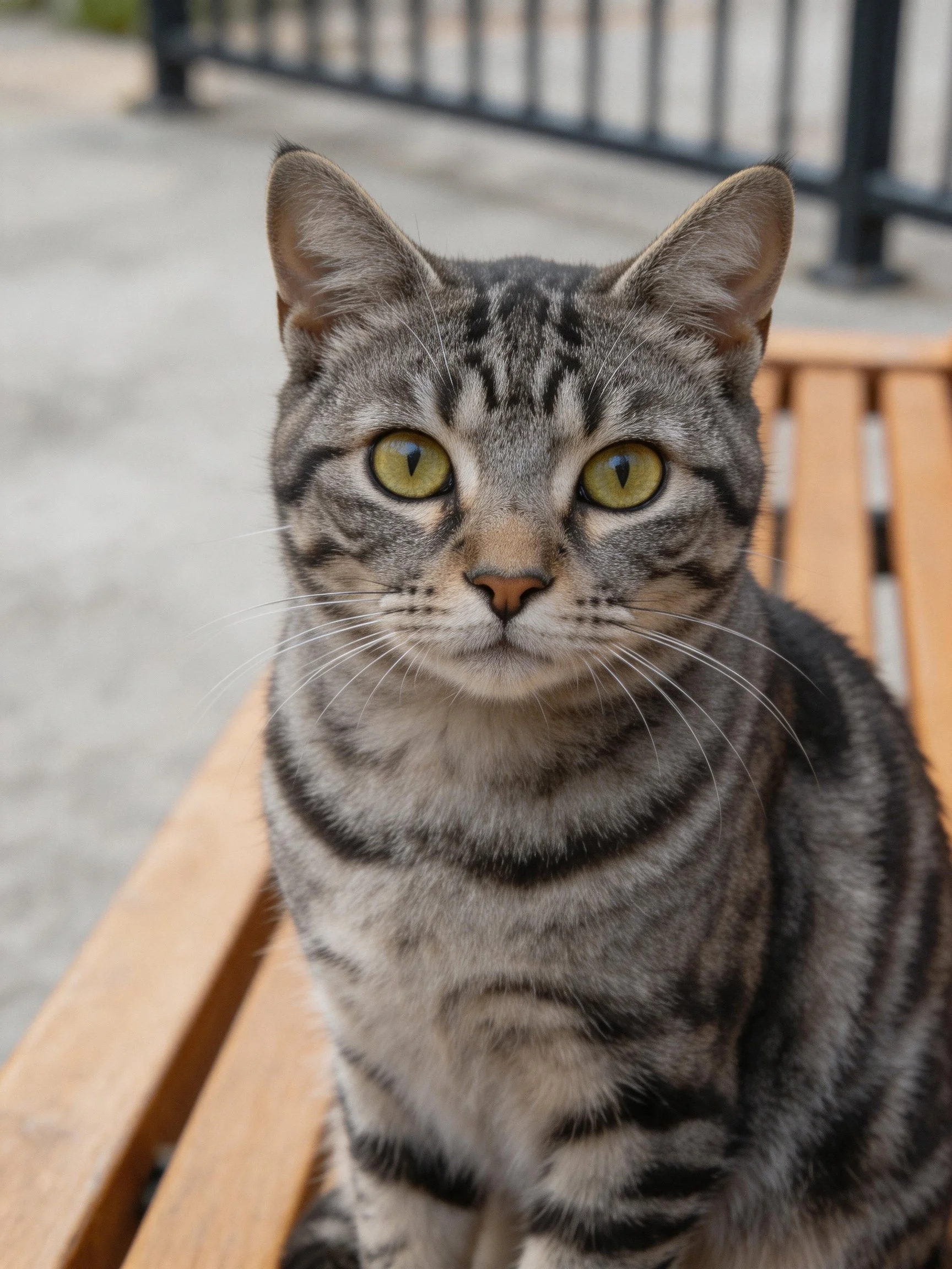 A gray-striped tabby cat sits on a wooden bench with bright green eyes