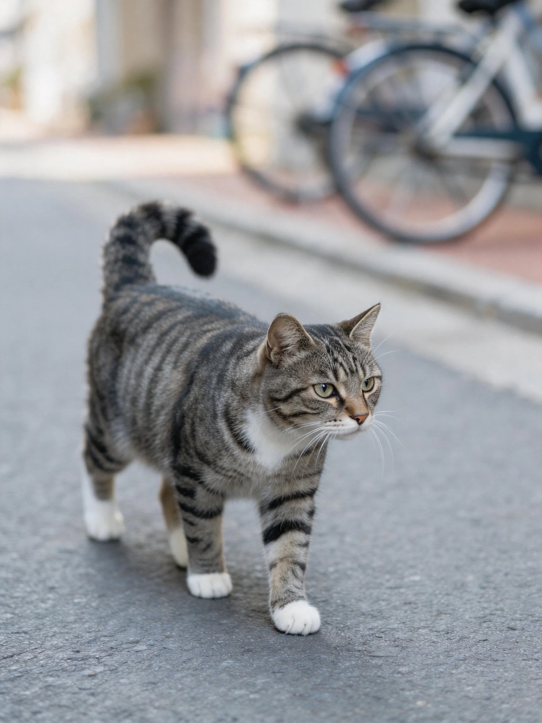 A gray tabby cat walks on a paved street with bicycles in the background.