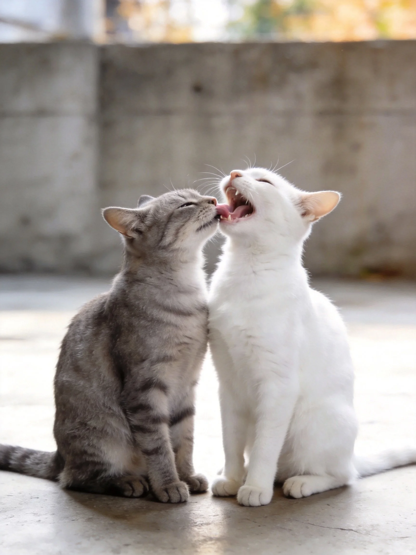 A gray tabby and white cat nuzzle together near a concrete wall
