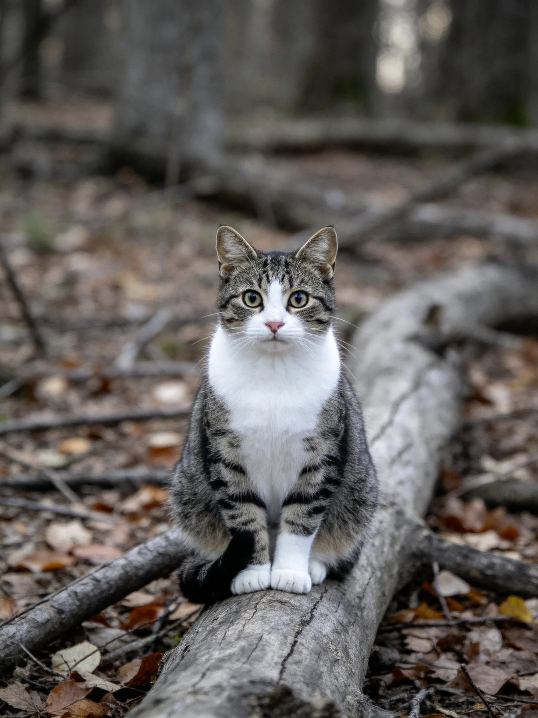 A gray-tabby and white cat sits on a fallen log among autumn leaves