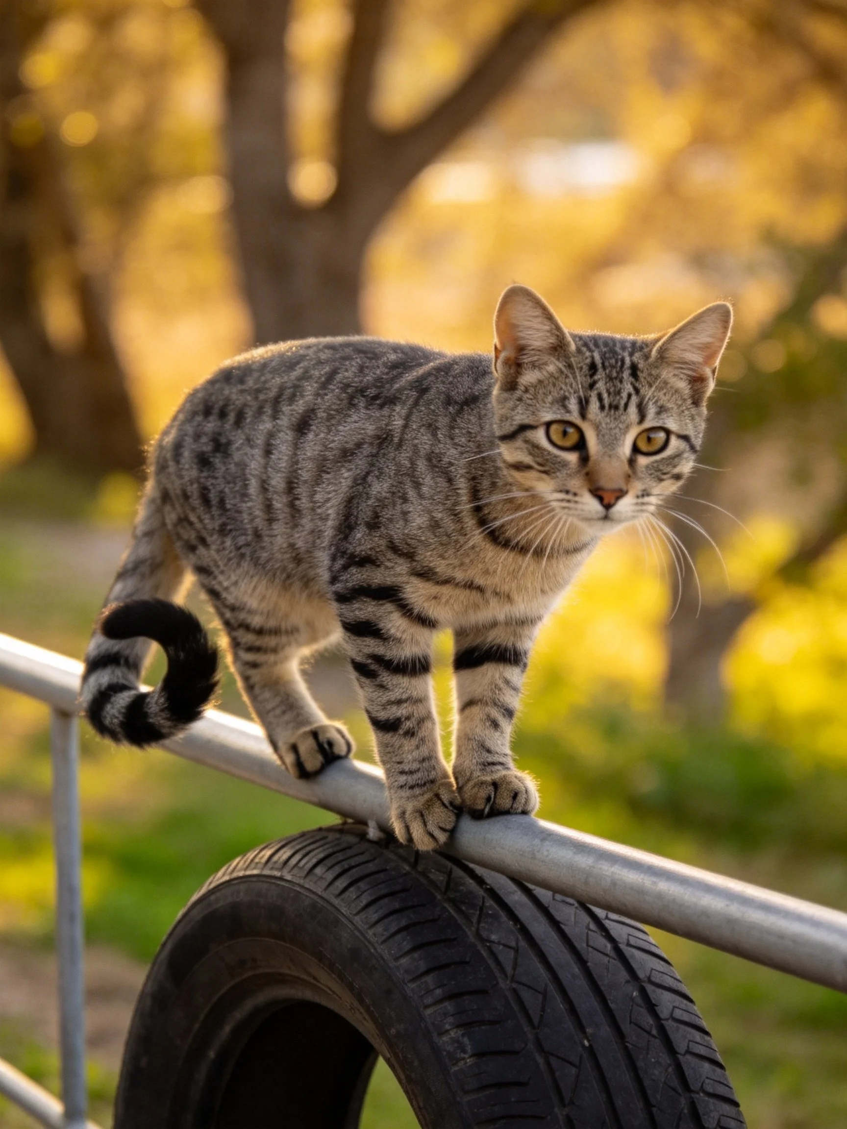 A gray tabby cat balances on a metal rail near a tire