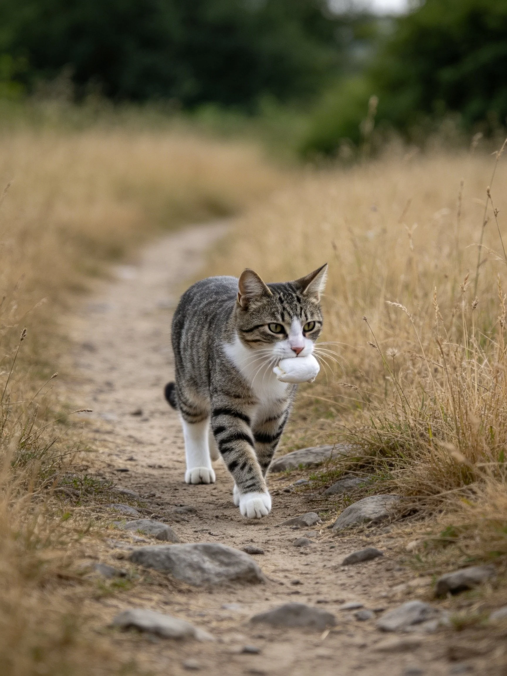 A gray tabby cat carries a small white object along a rocky dirt path.