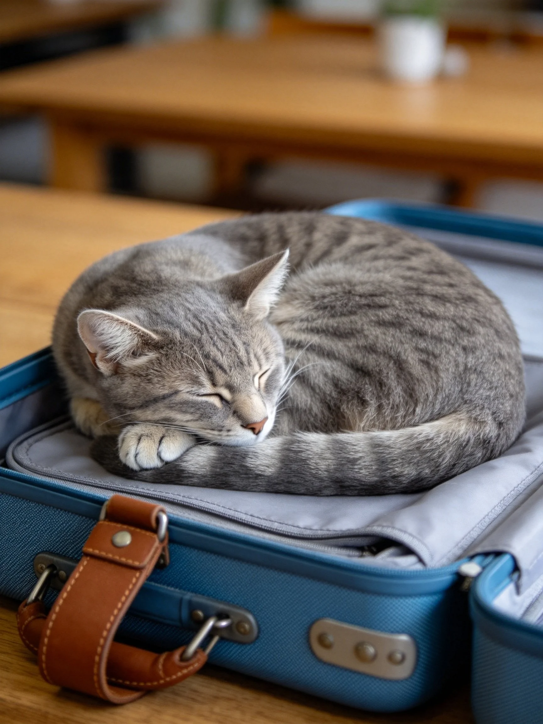 A gray tabby cat curled asleep on a blue suitcase