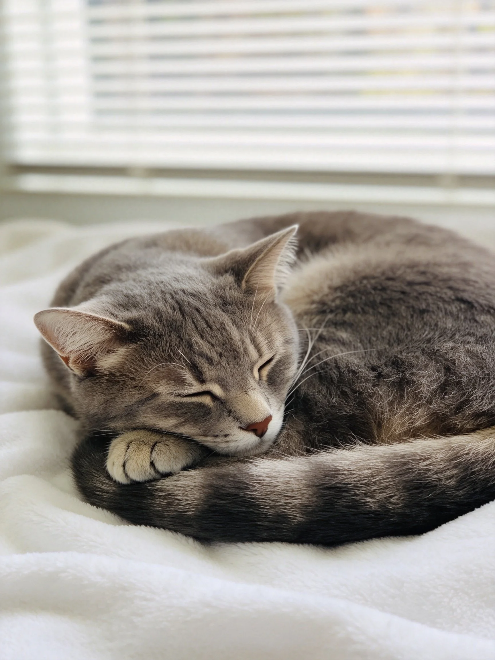 A gray tabby cat curls up asleep on a white blanket near a window.