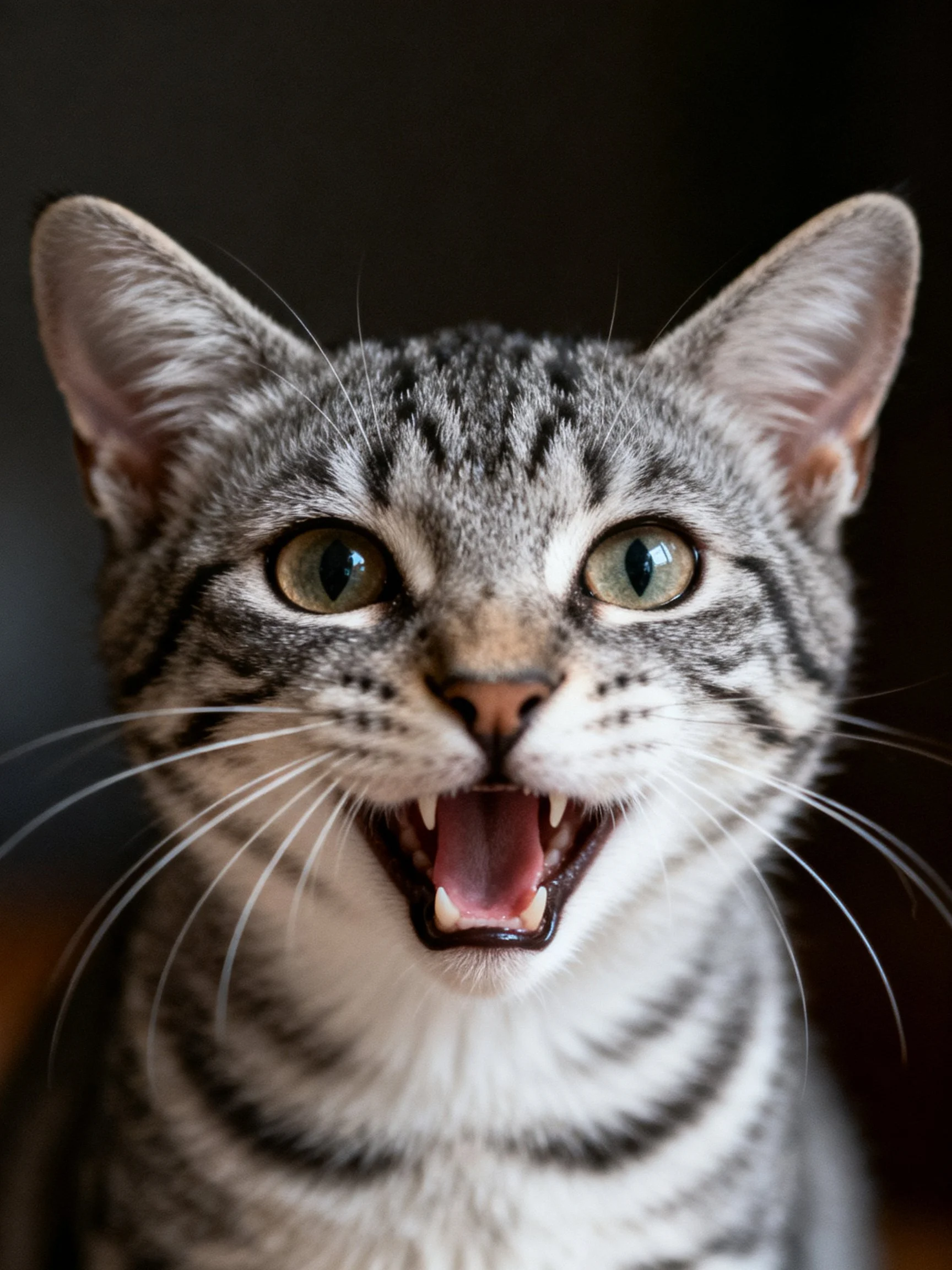 A gray tabby cat displays sharp teeth and wide eyes