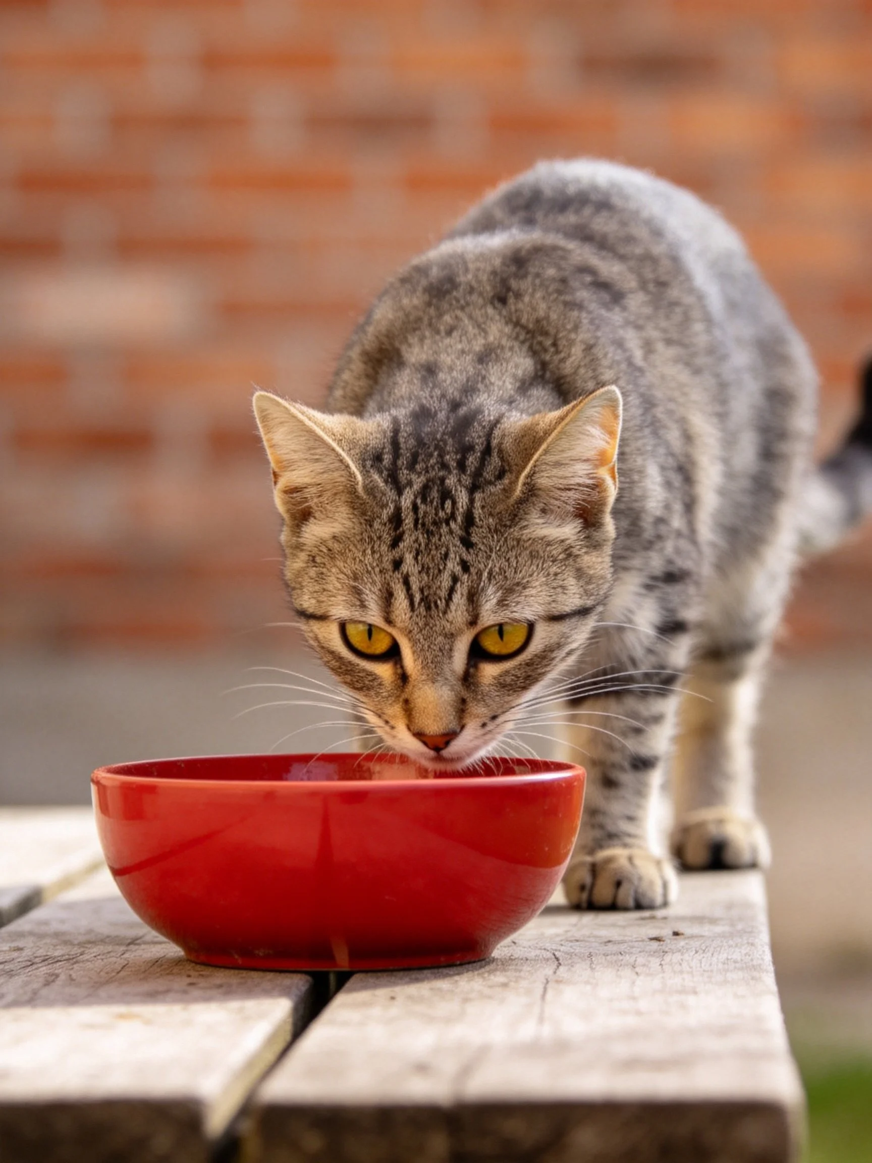 A gray tabby cat drinks from a red bowl on a wooden surface