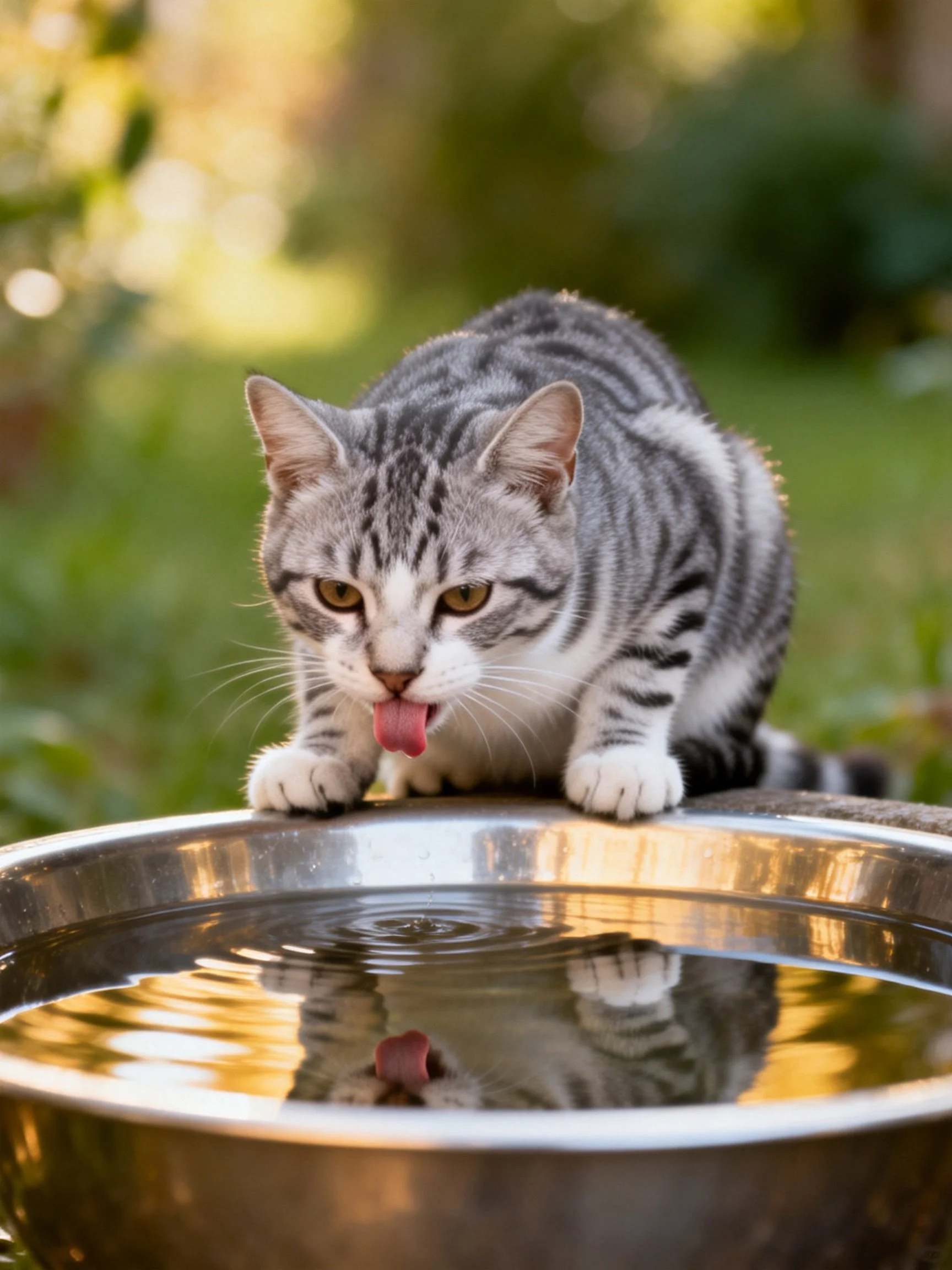 A gray tabby cat drinks from a shiny metal water dish outside
