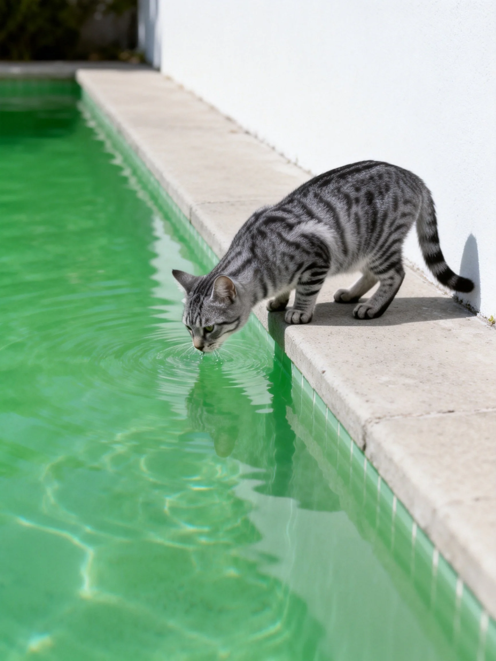 A gray tabby cat drinks from bright green pool water