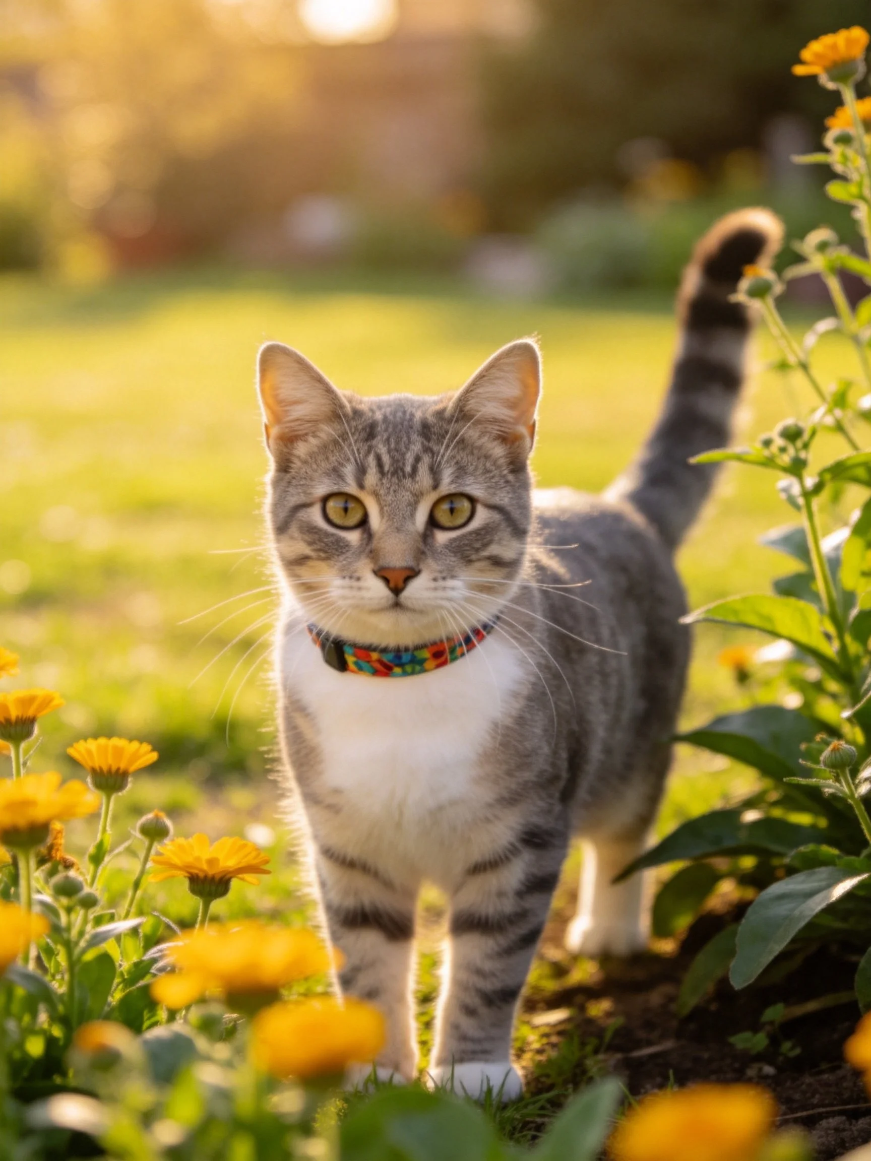 A gray tabby cat explores a garden with yellow blooms