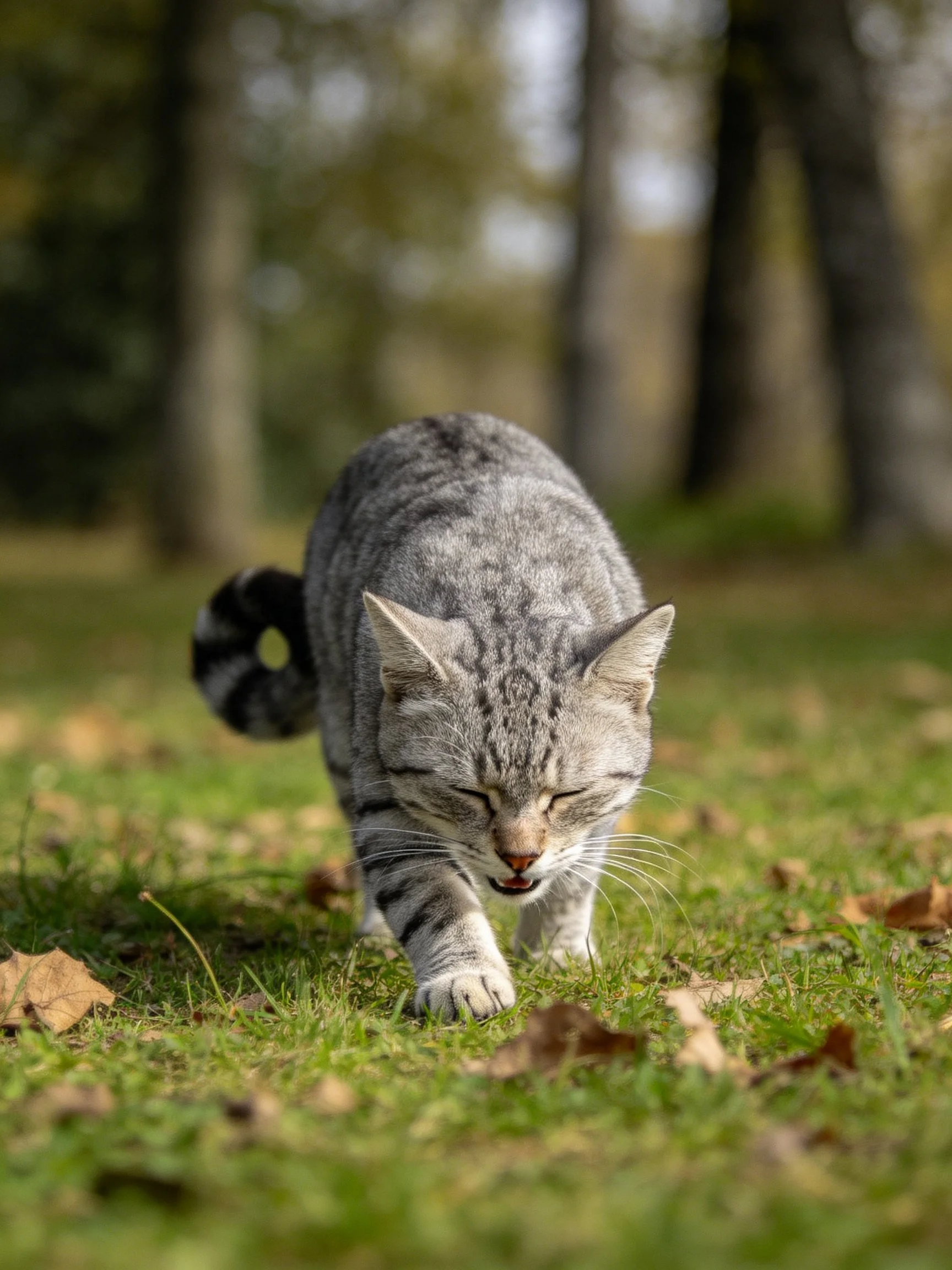 A gray tabby cat explores a grassy field with fallen leaves