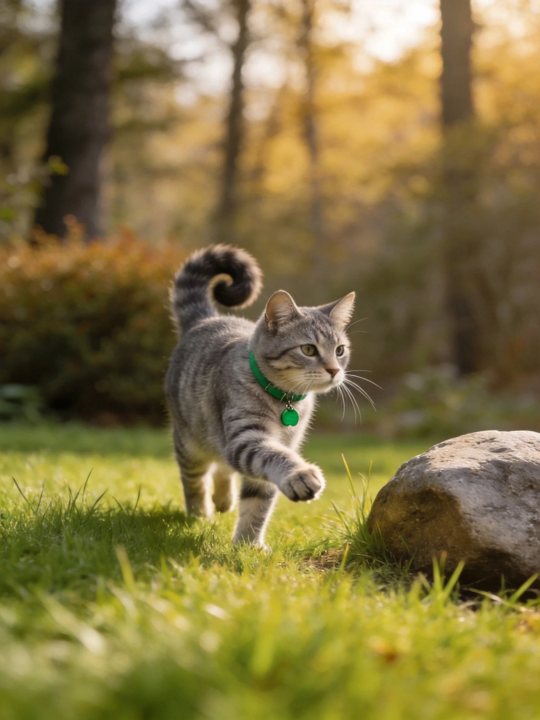 A gray tabby cat explores a sunlit garden near a large rock