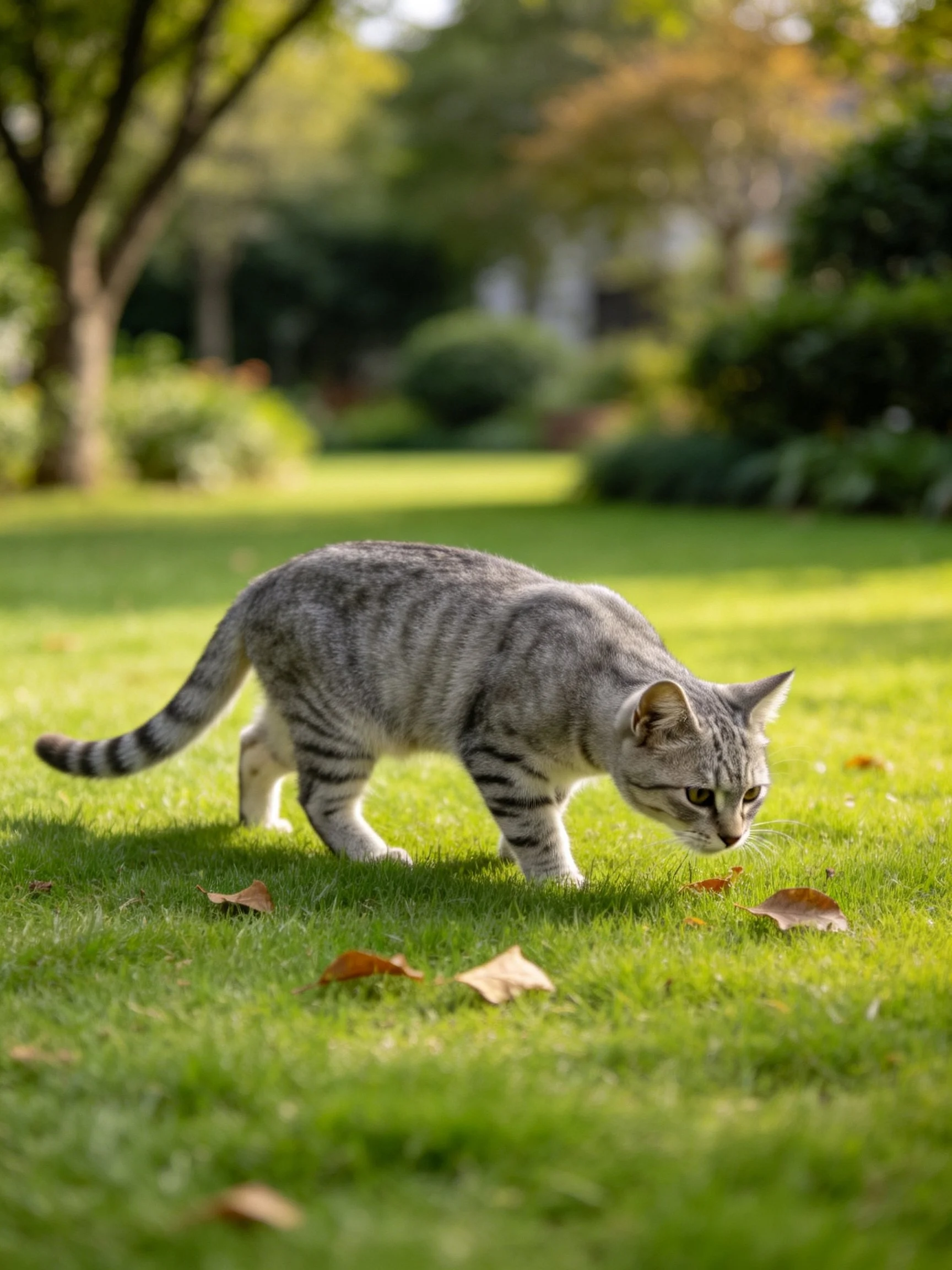 A gray tabby cat explores a sunlit green lawn with scattered autumn leaves