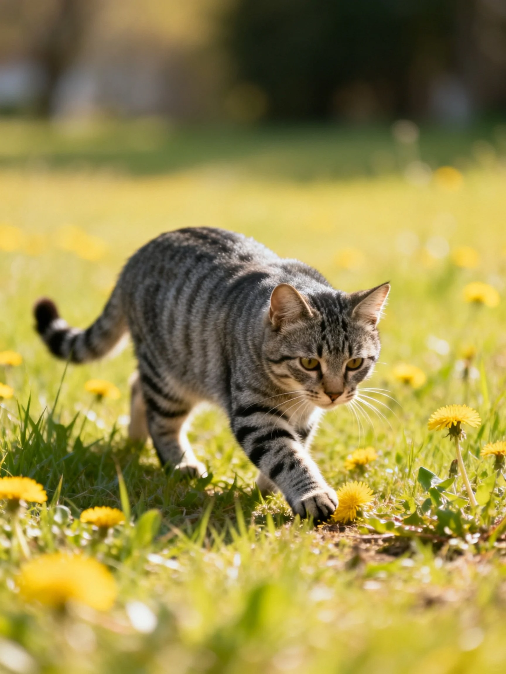 A gray tabby cat explores a sunlit meadow with yellow dandelions.