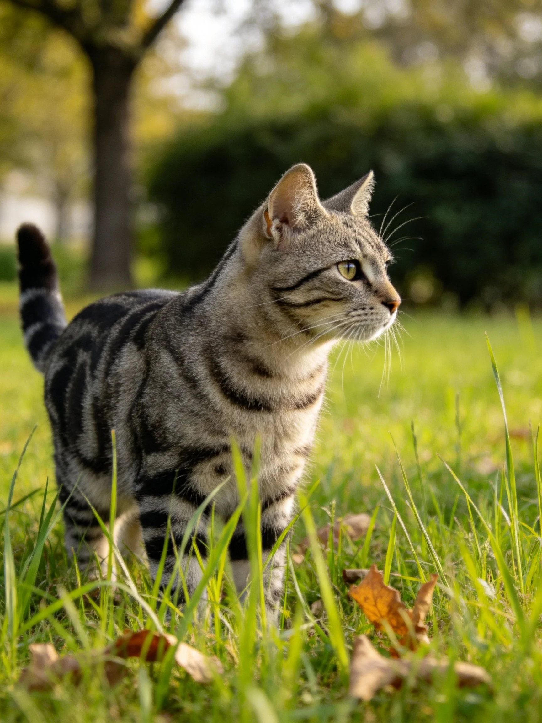 A gray tabby cat exploring a sunlit grassy field near trees