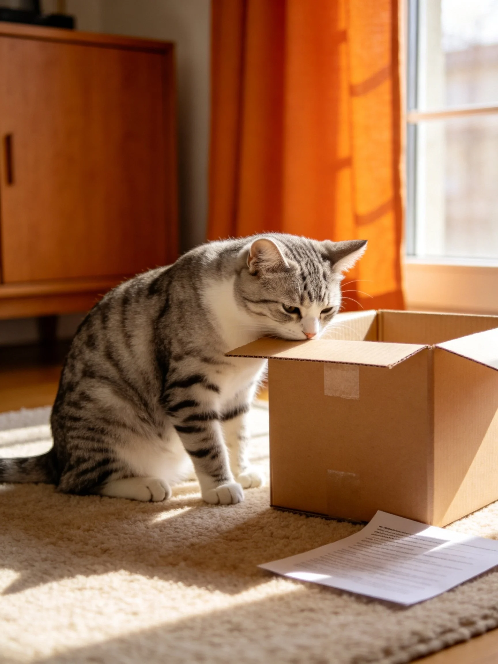 A gray tabby cat exploring an open cardboard box near orange curtains
