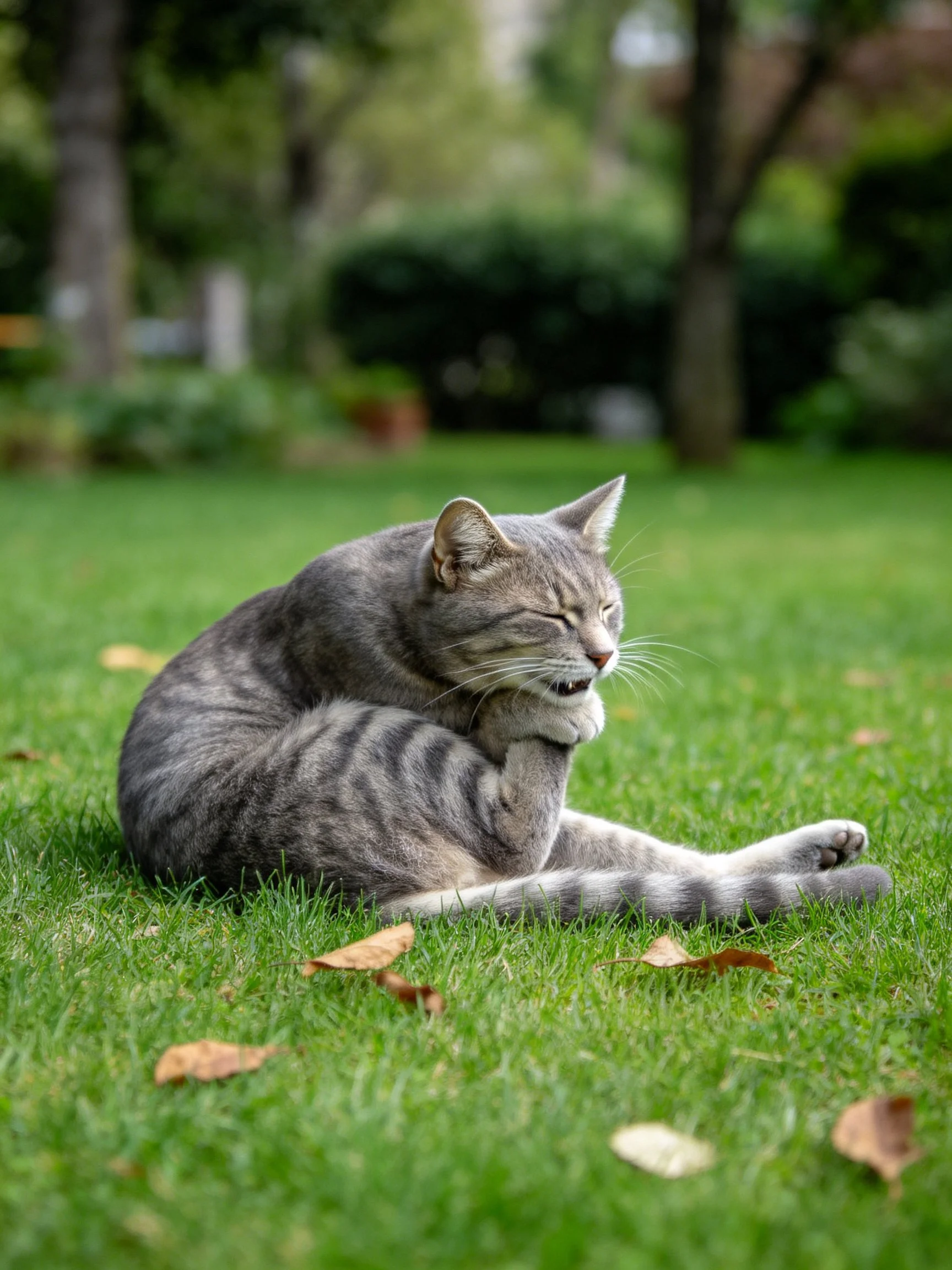 A gray tabby cat grooms on green grass with scattered leaves