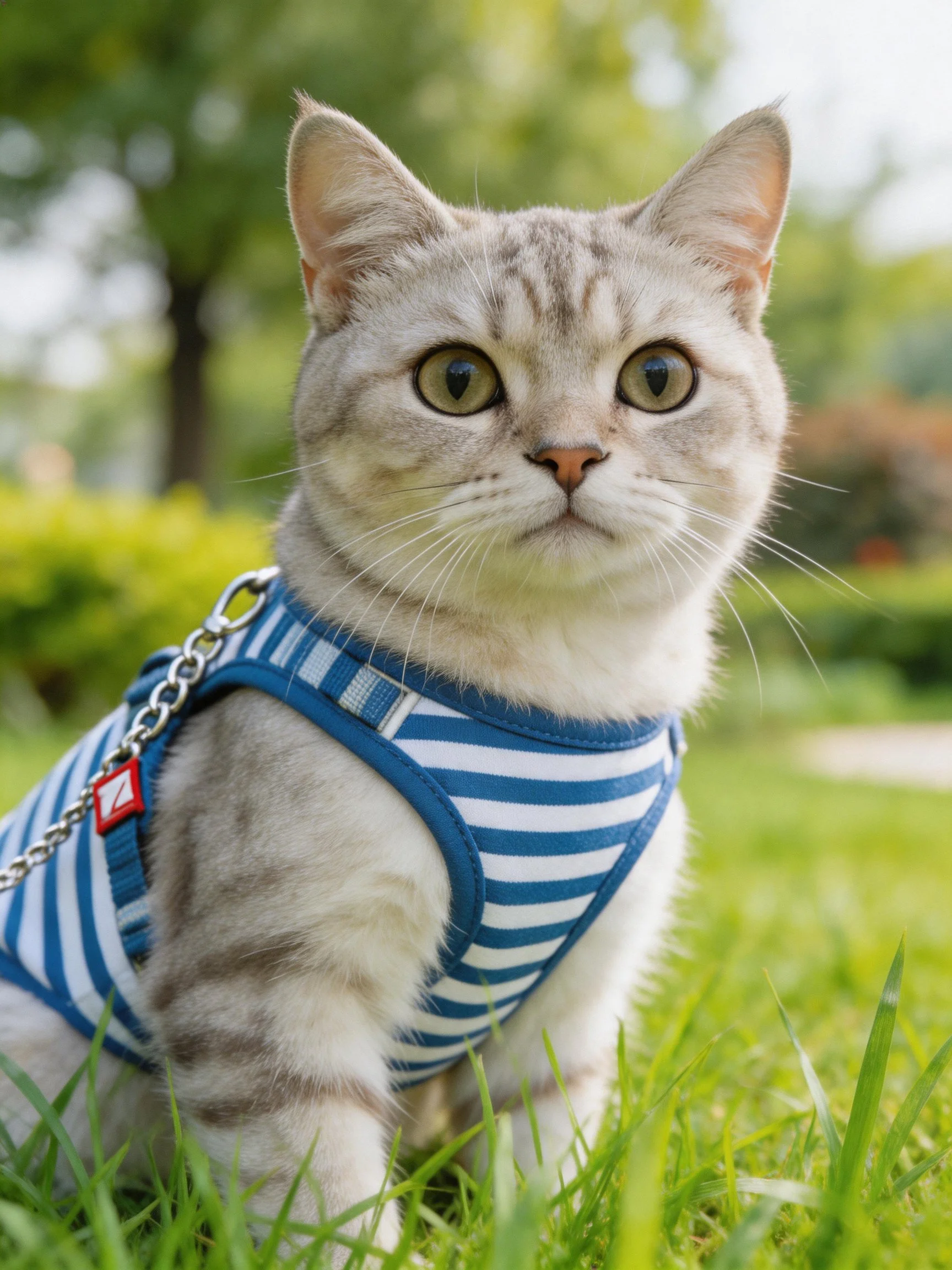 A gray tabby cat in a striped harness sits on grass in an outdoor setting.