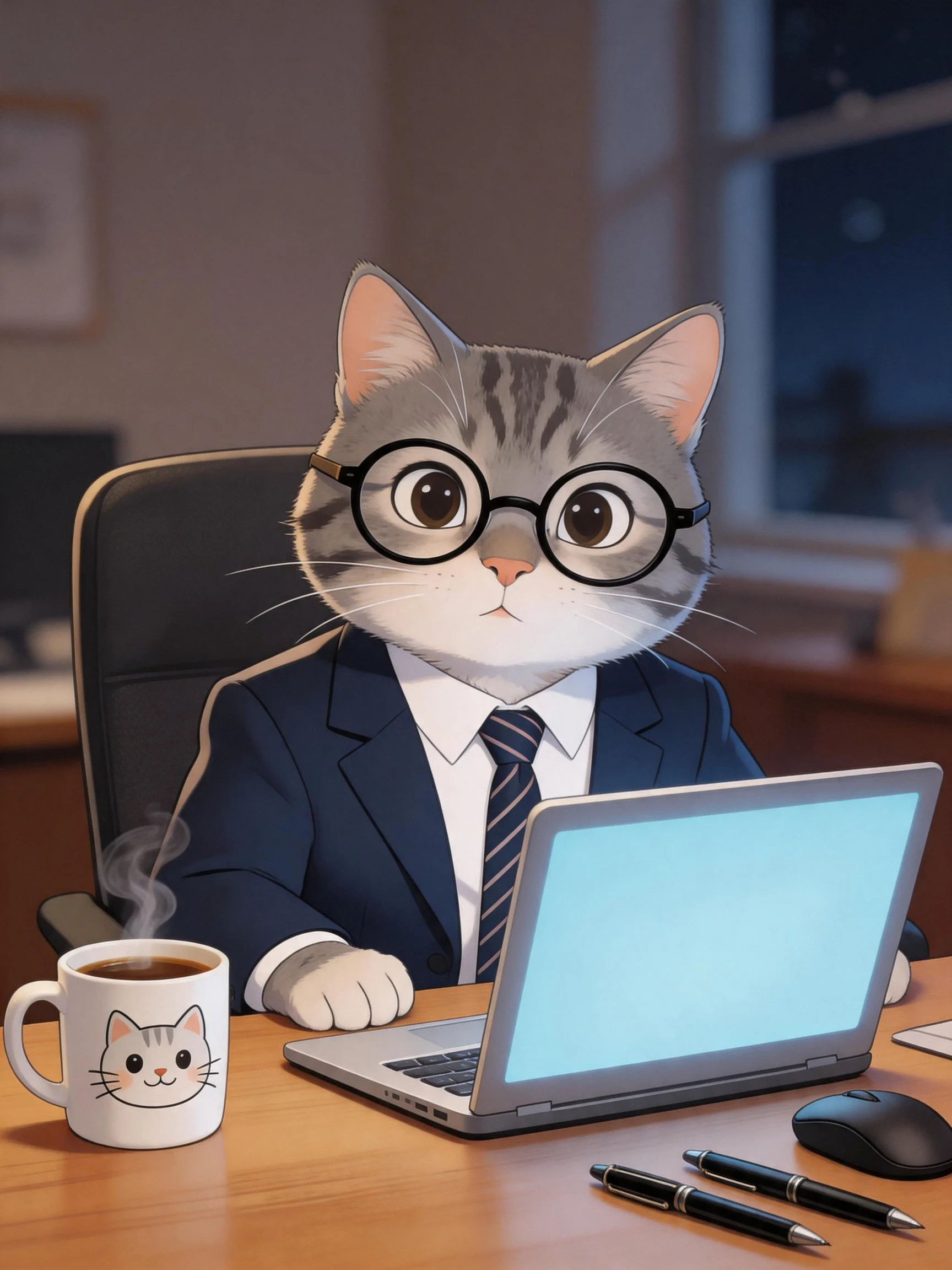 A gray tabby cat in a business suit works at an office desk