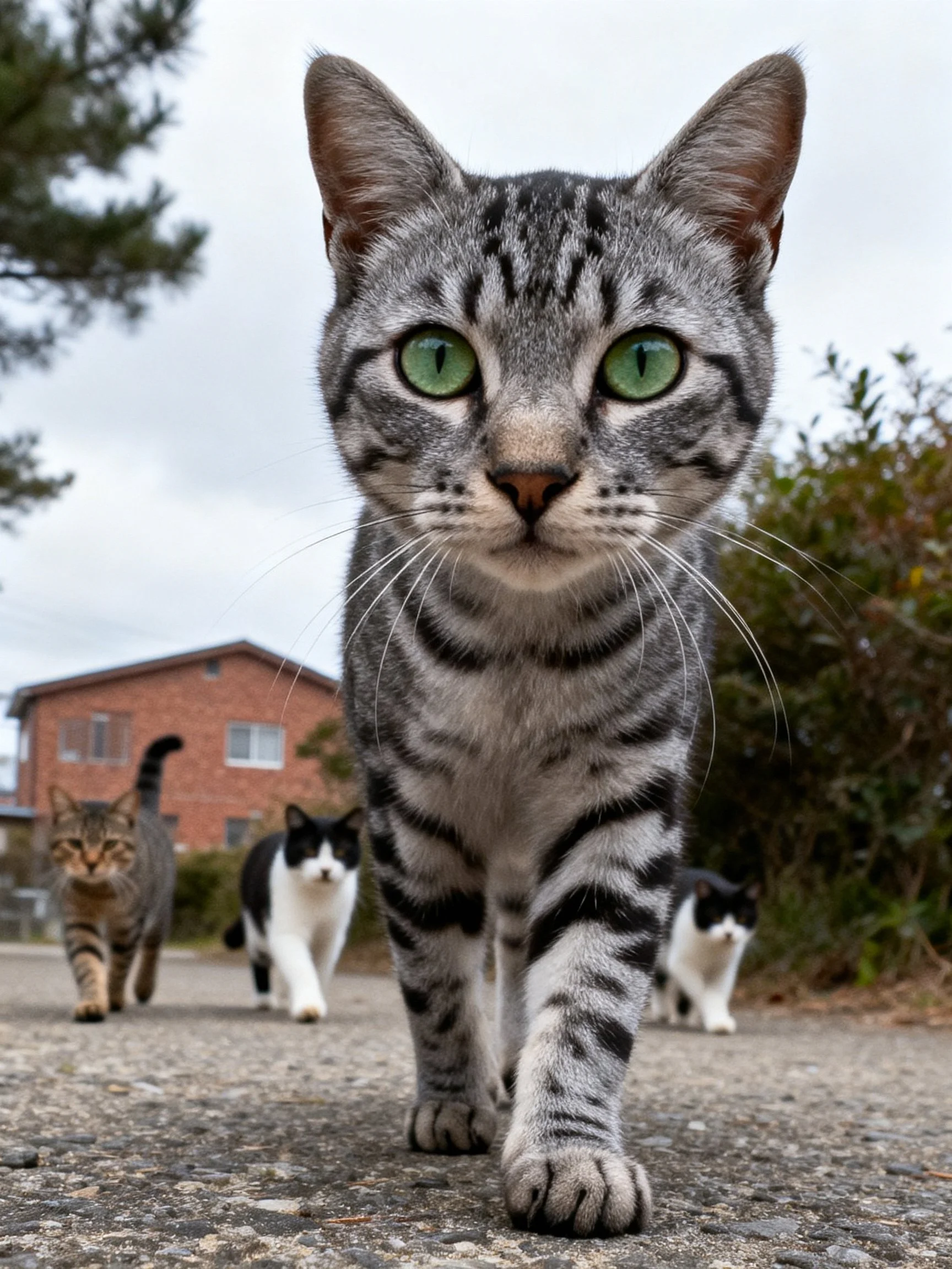 A gray tabby cat leads three cats on a gravel path near a brick building