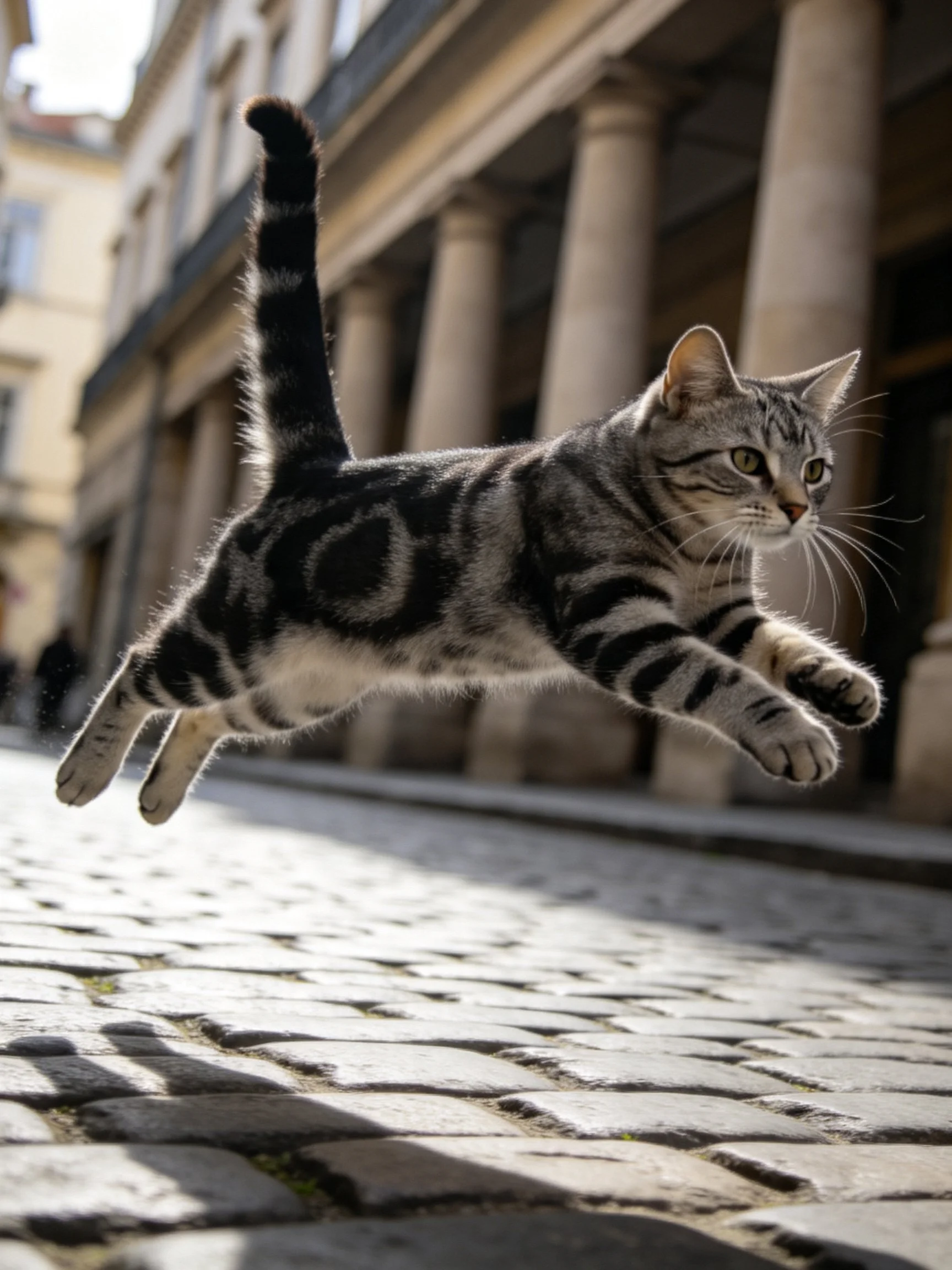 A gray tabby cat leaps over cobblestone streets near grand buildings
