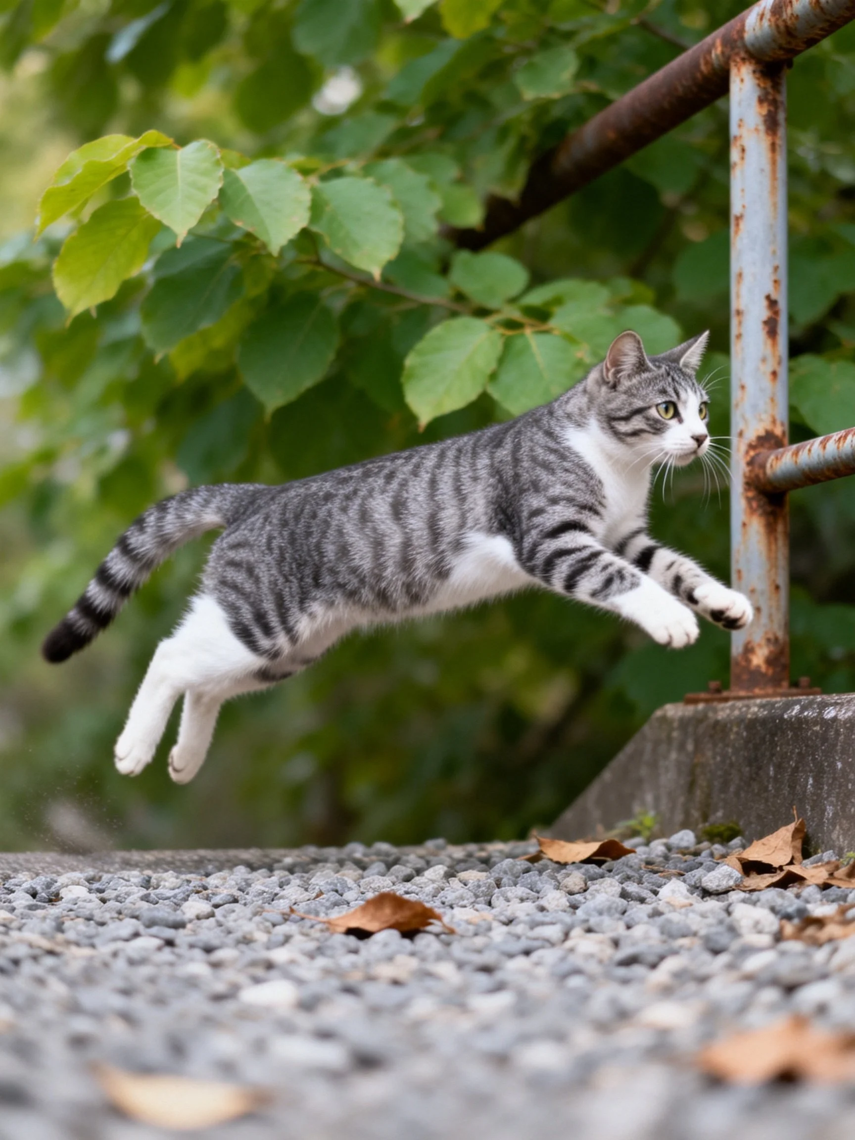A gray tabby cat leaps toward a rusty metal railing