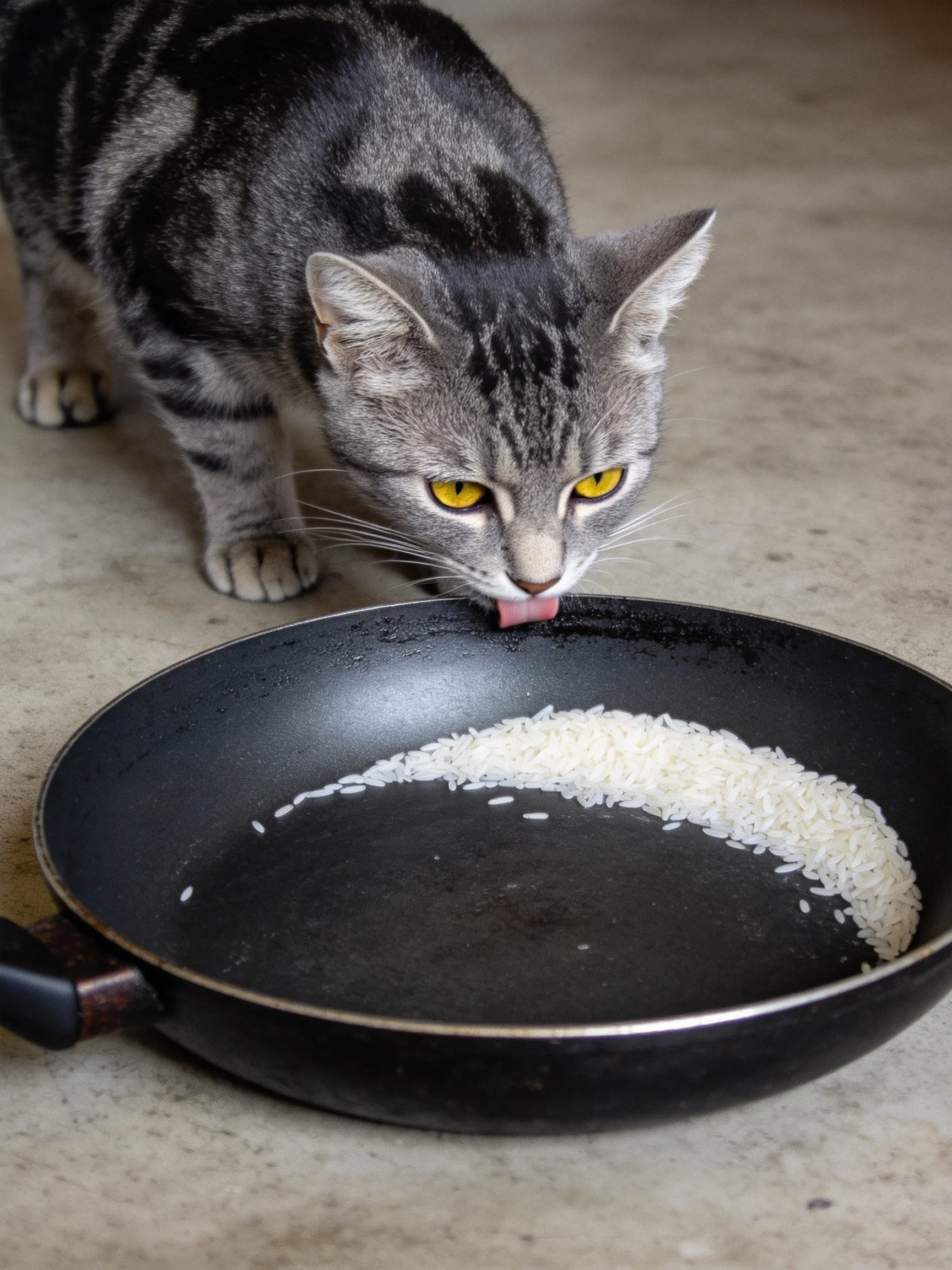 A gray tabby cat licks white rice from a black frying pan