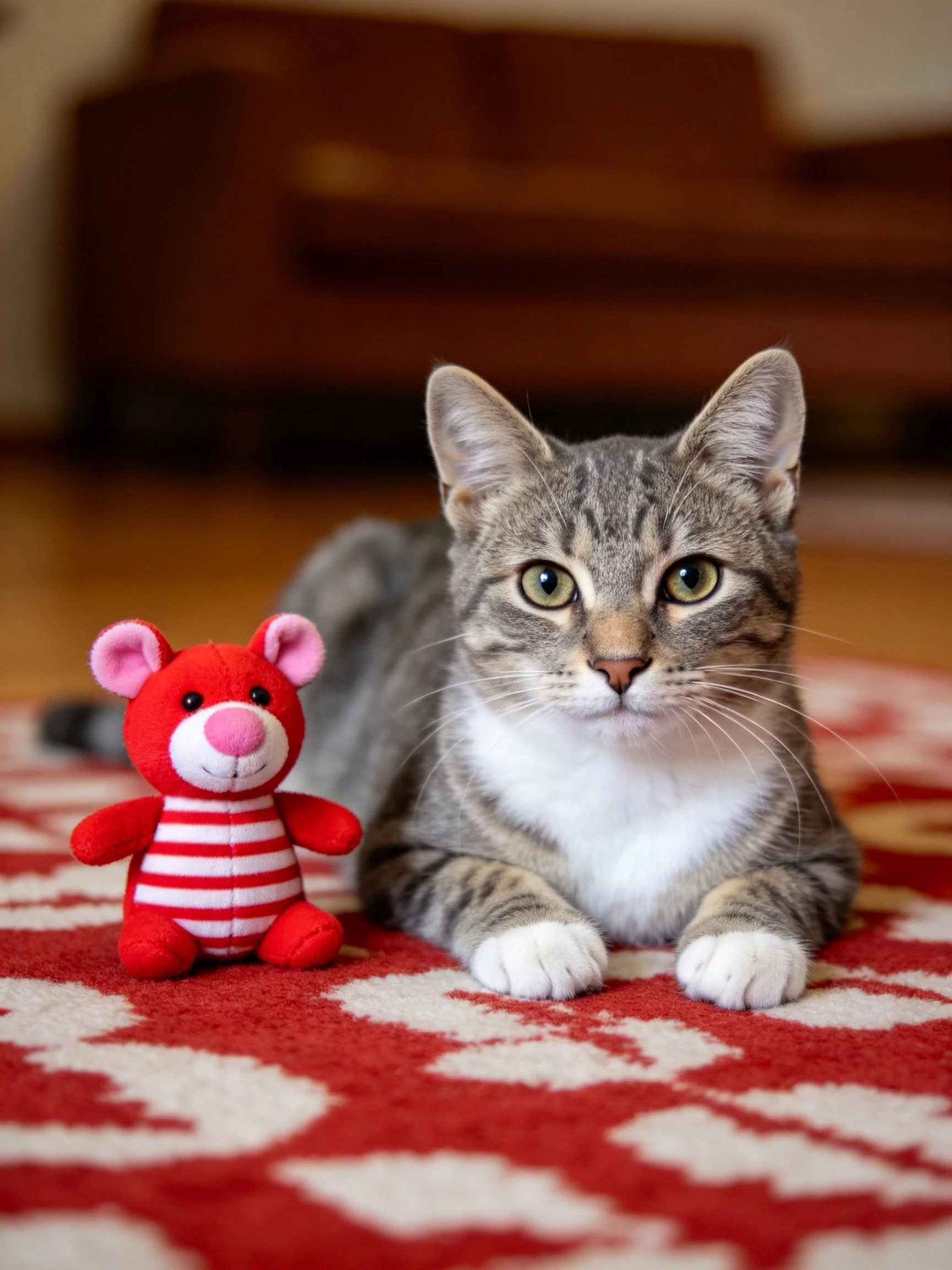 A gray tabby cat lies beside a red striped plush toy