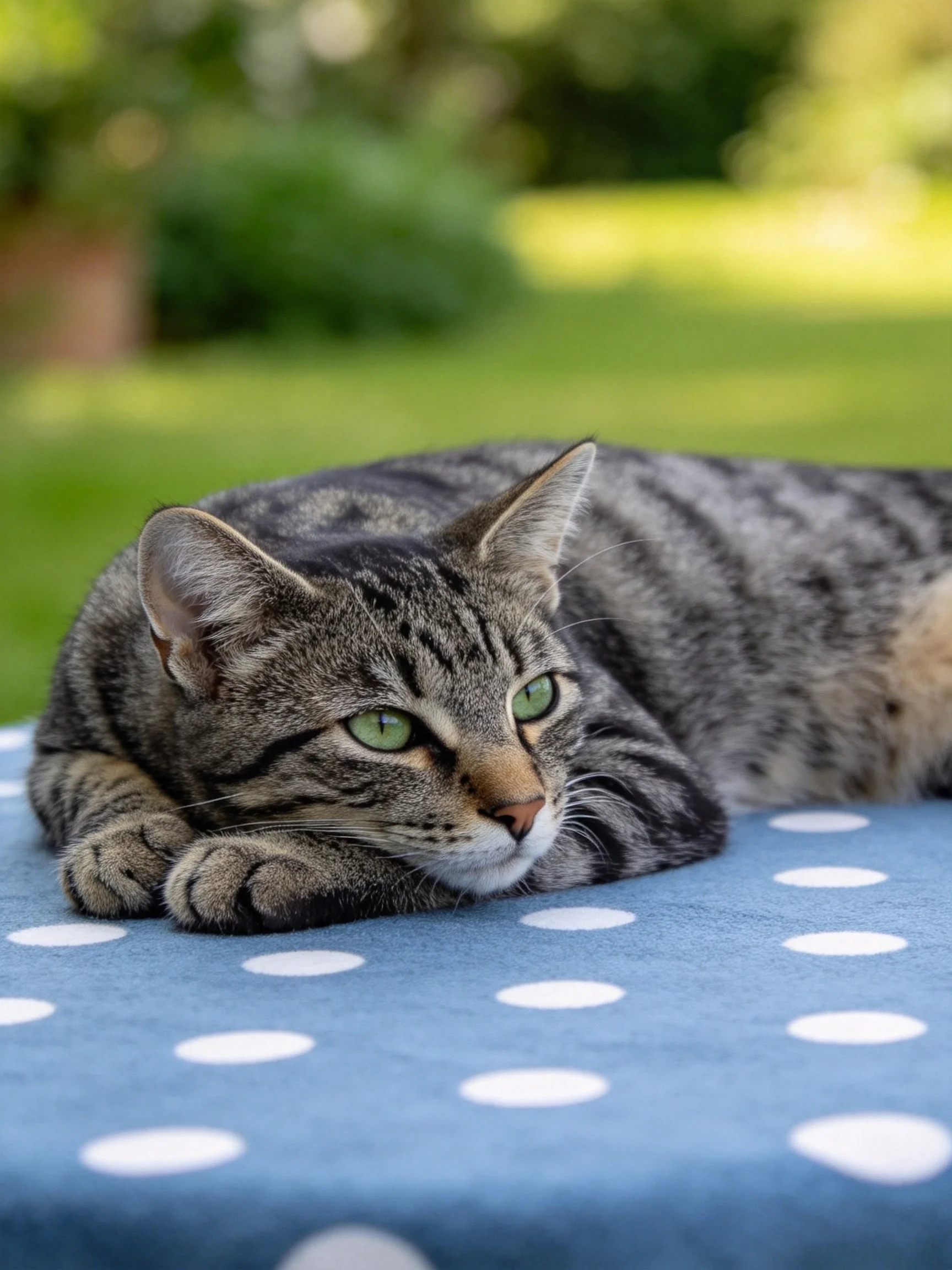 A gray tabby cat lies on a blue polka - dotted fabric outdoors