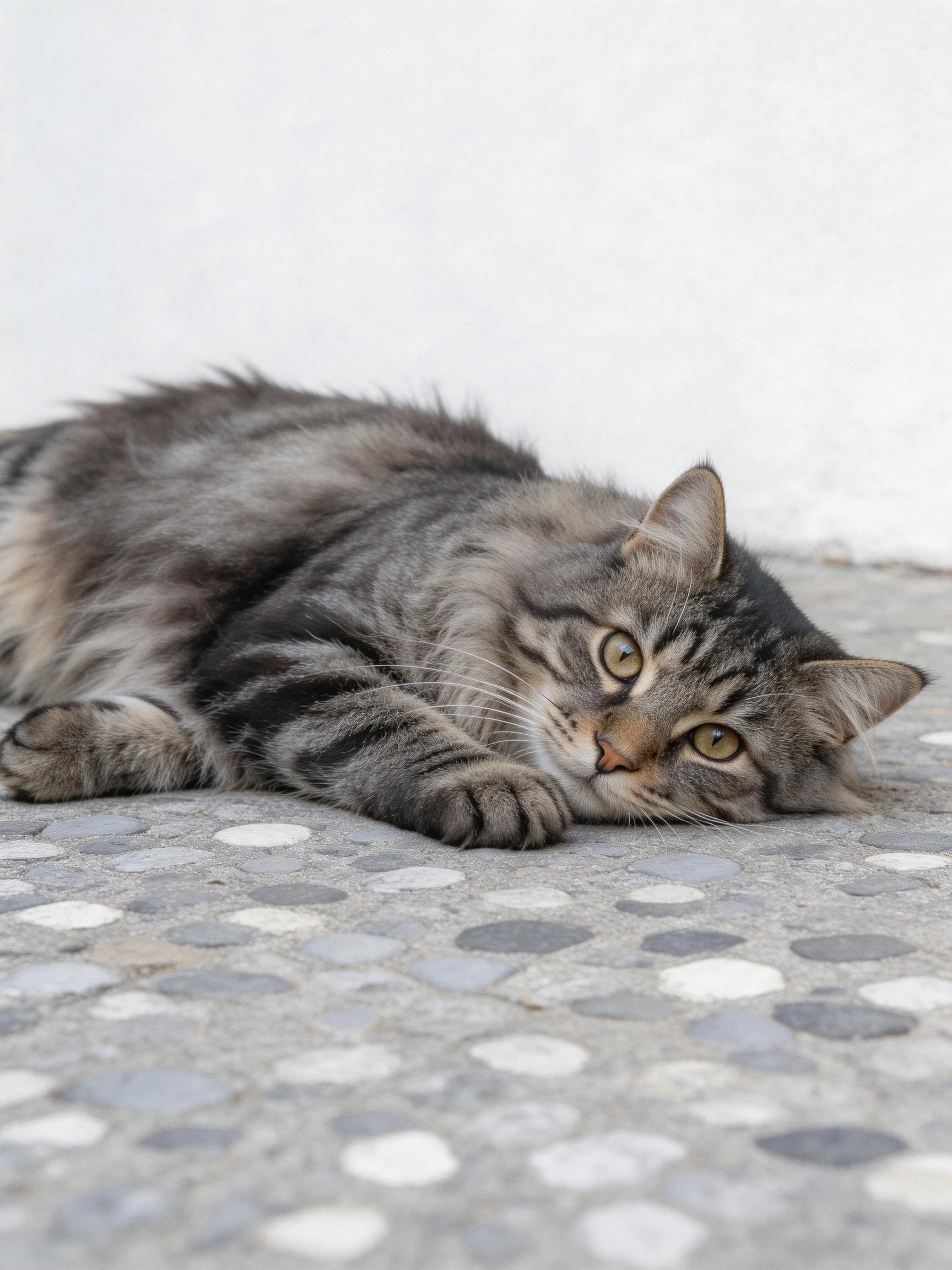 A gray tabby cat lies on a pebbled stone pavement