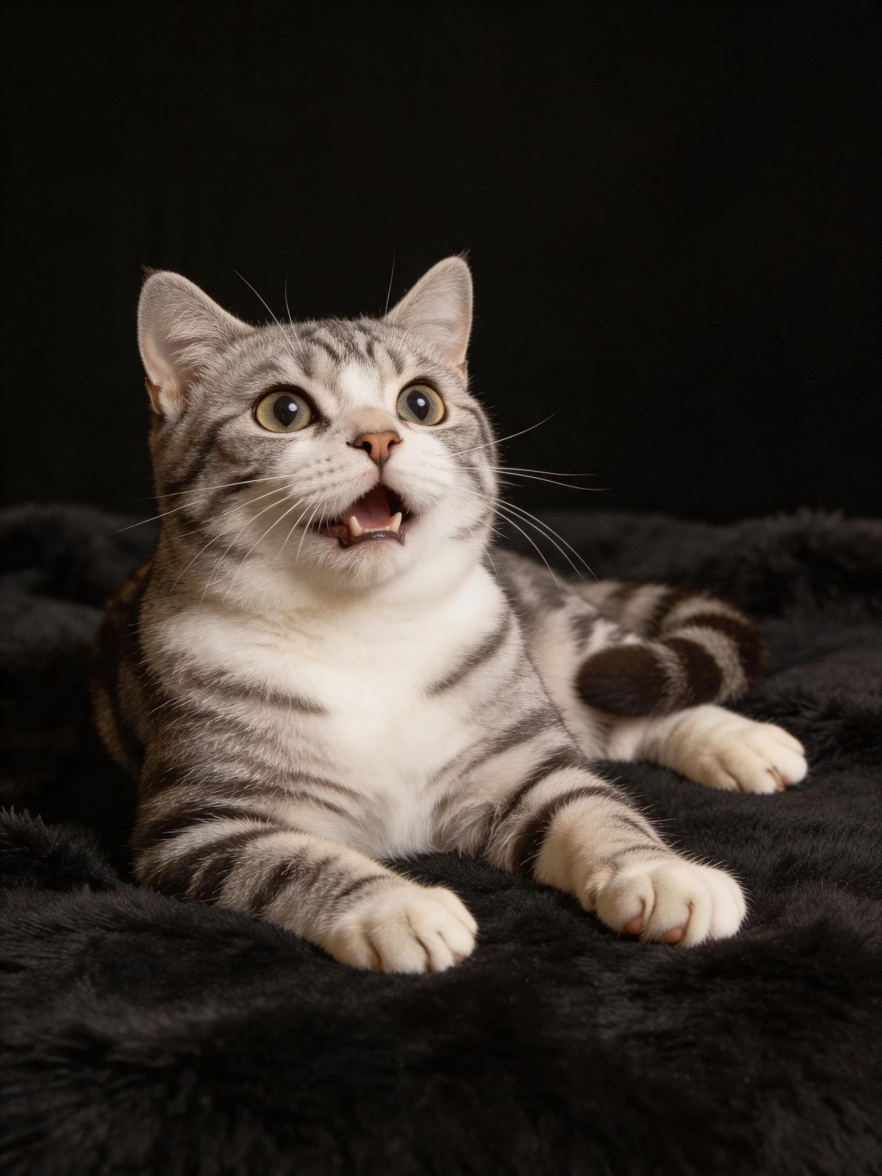 A gray tabby cat rests on a dark blanket with an expressive face.