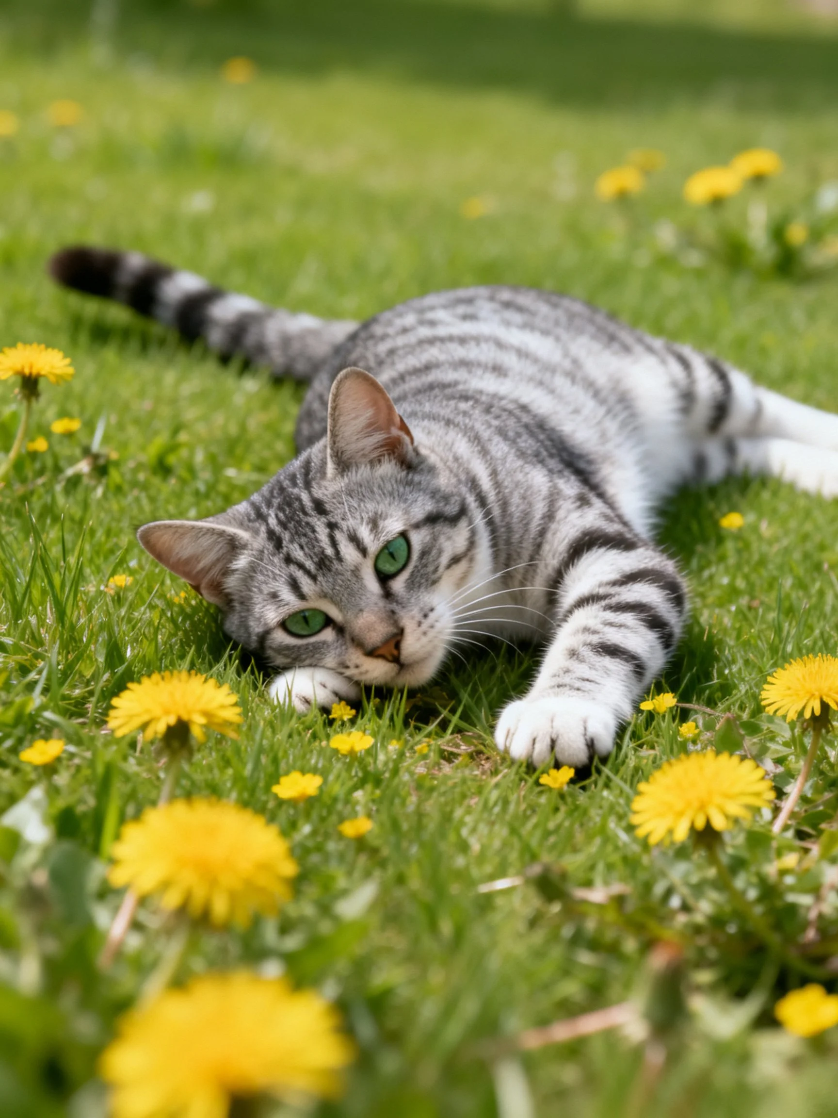 A gray tabby cat lounges among yellow dandelions on lush green grass