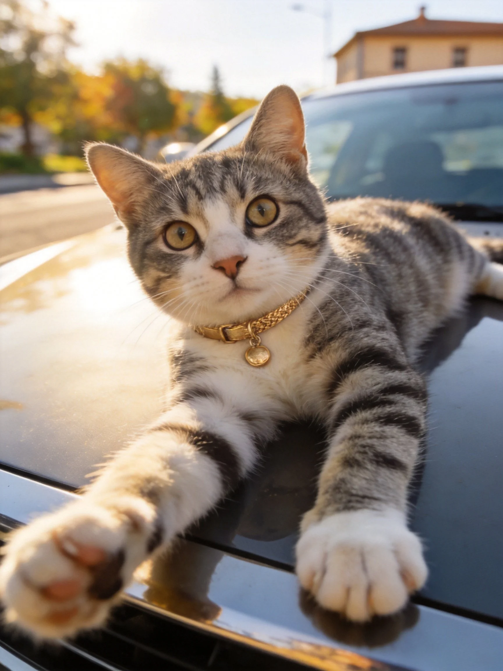 A gray tabby cat lounges on a car hood with a gold collar