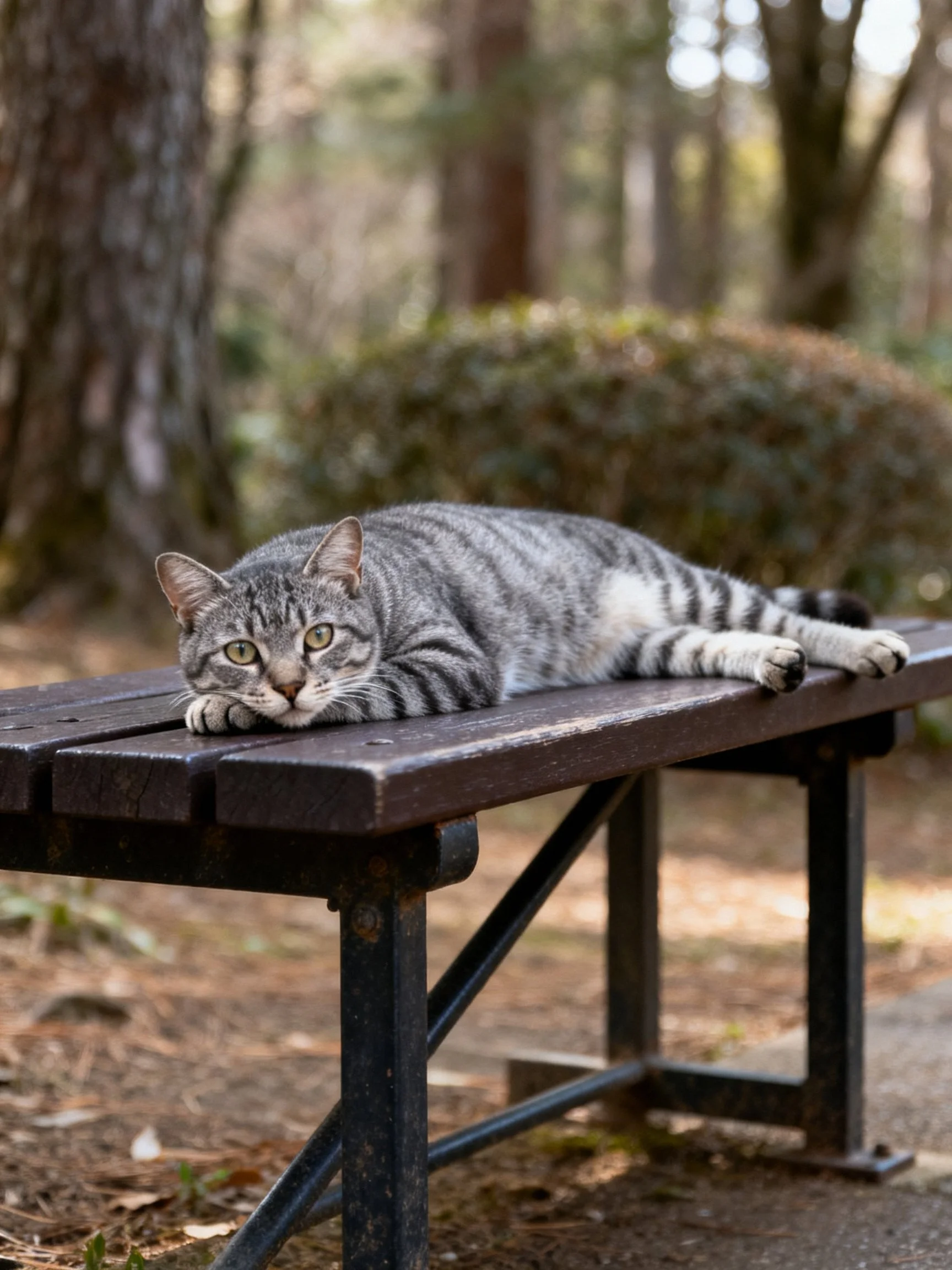 A gray tabby cat lounges on a dark wooden park bench