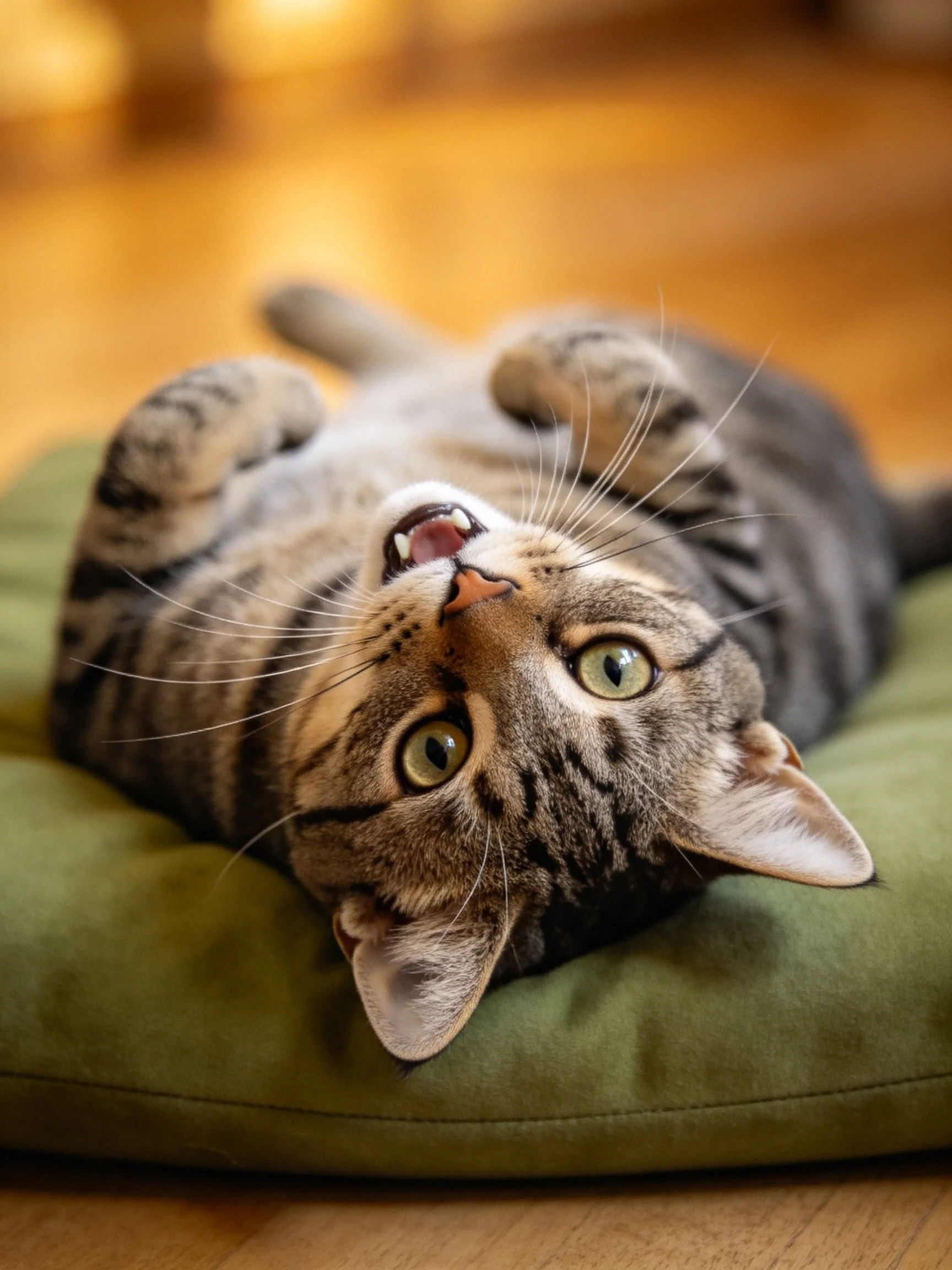 A gray tabby cat lounges on a green cushion in warm lighting