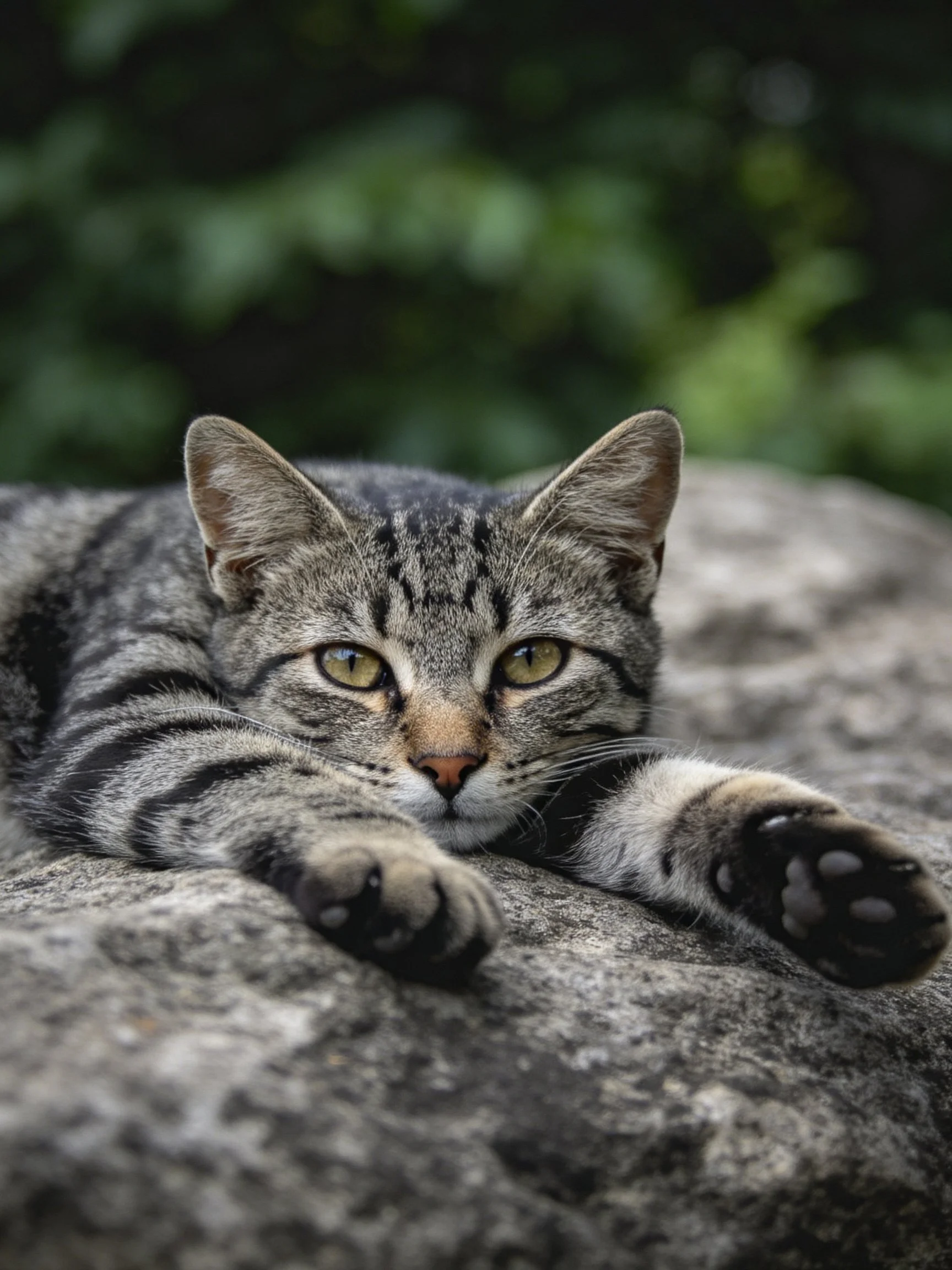 A gray tabby cat lounges on a textured stone with greenery