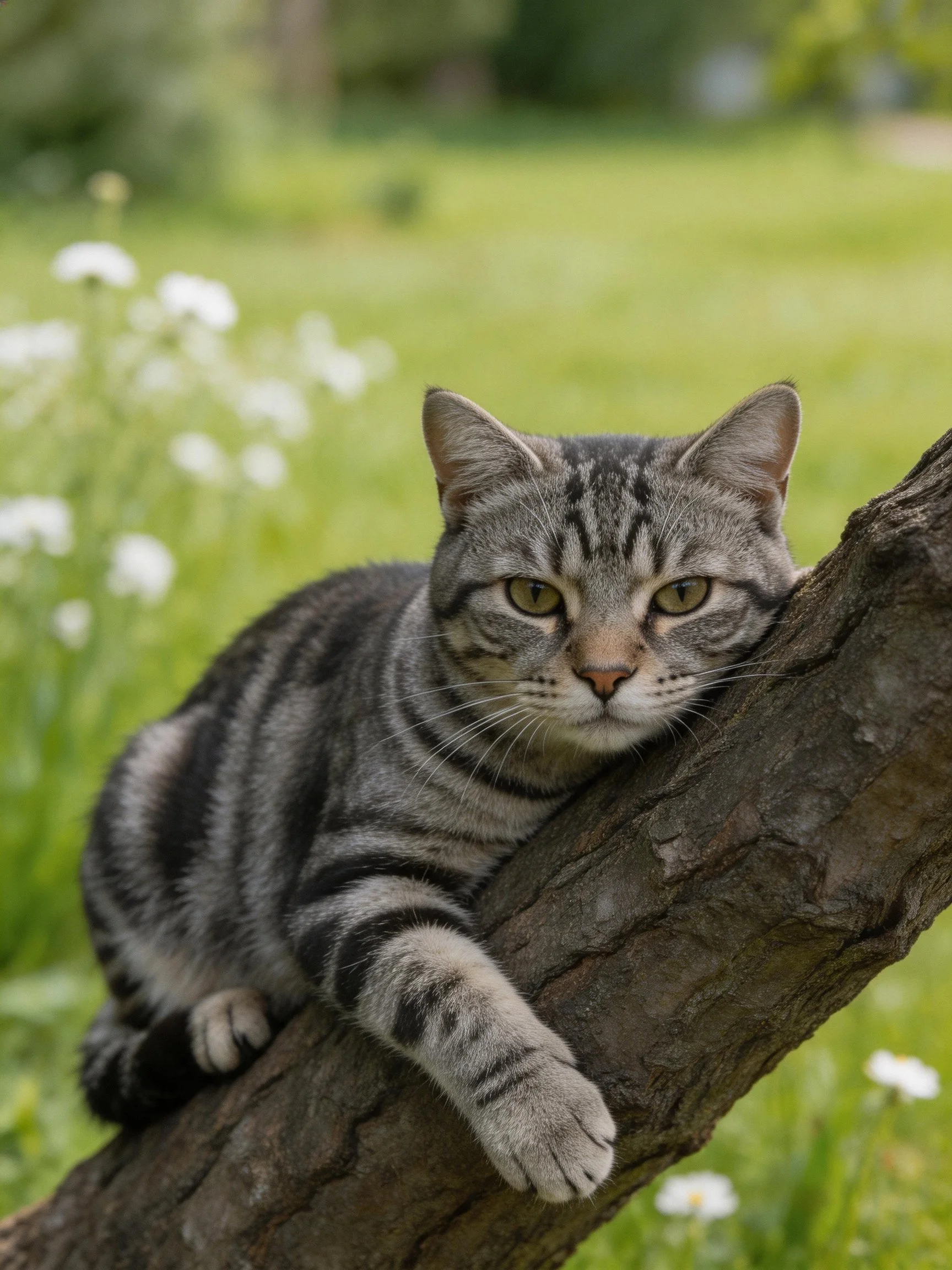 A gray tabby cat lounges on a tree branch in a grassy meadow