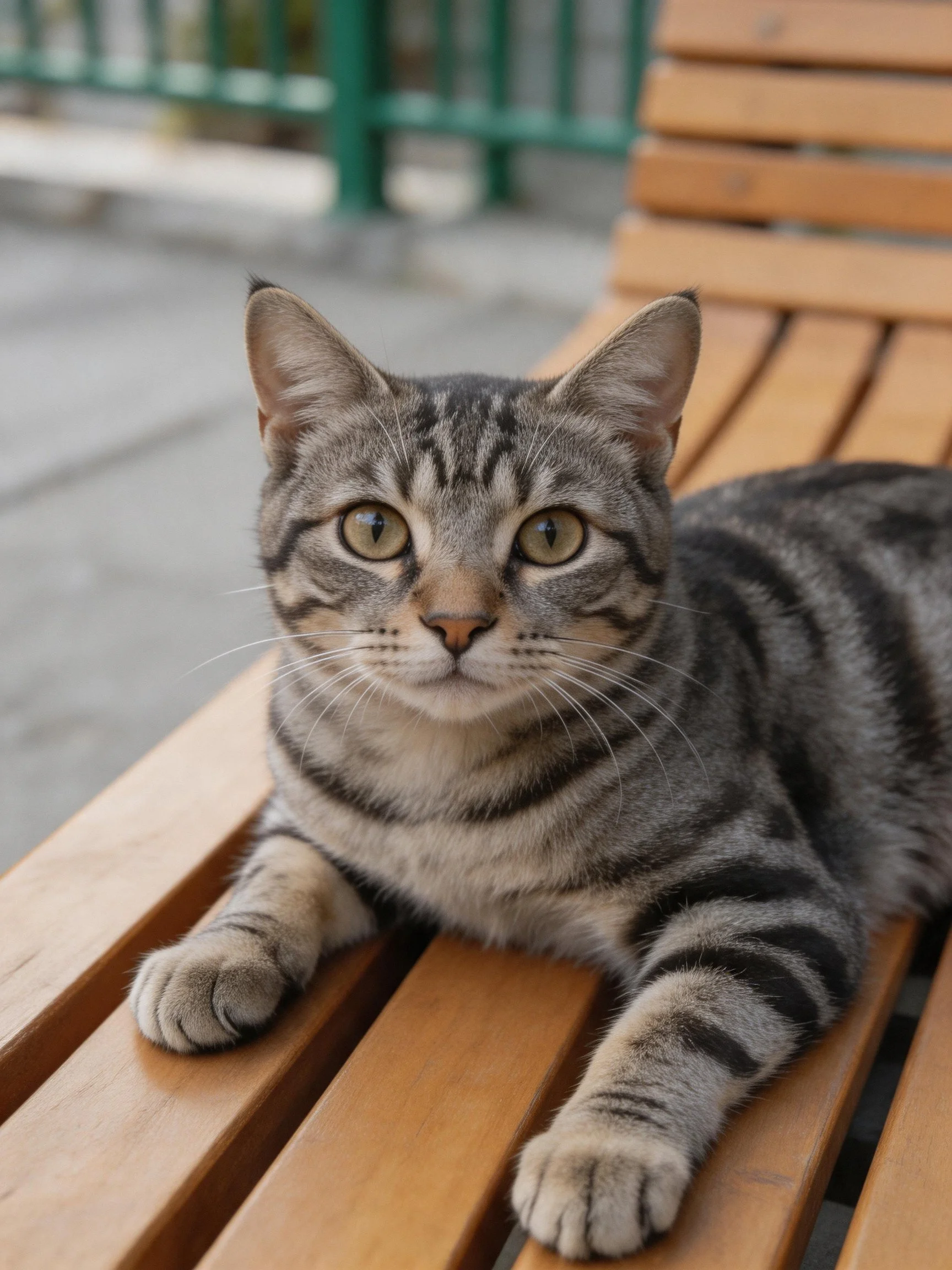 A gray tabby cat lounges on a wooden bench outdoors