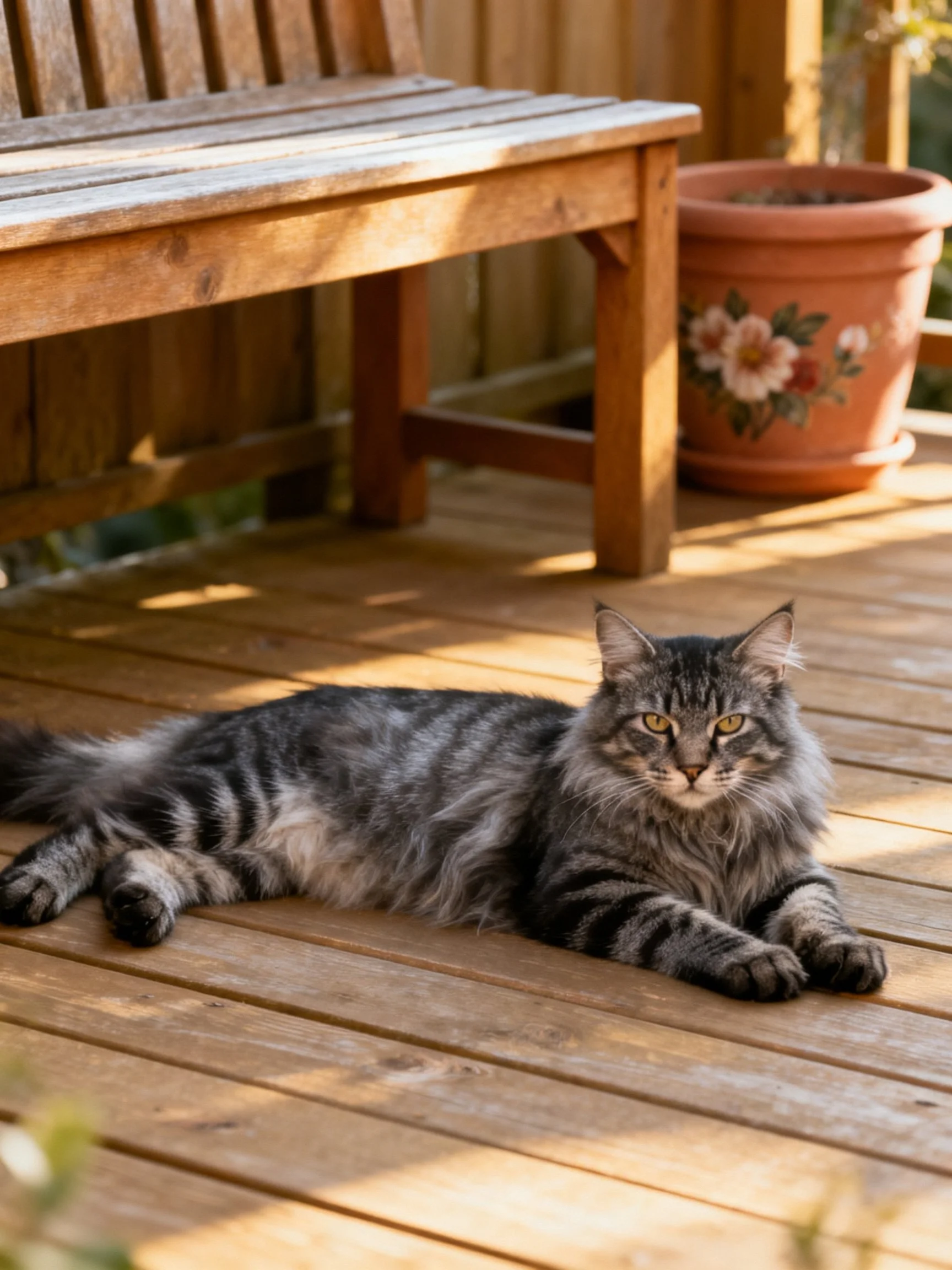 A gray tabby cat lounges on a wooden deck near a bench