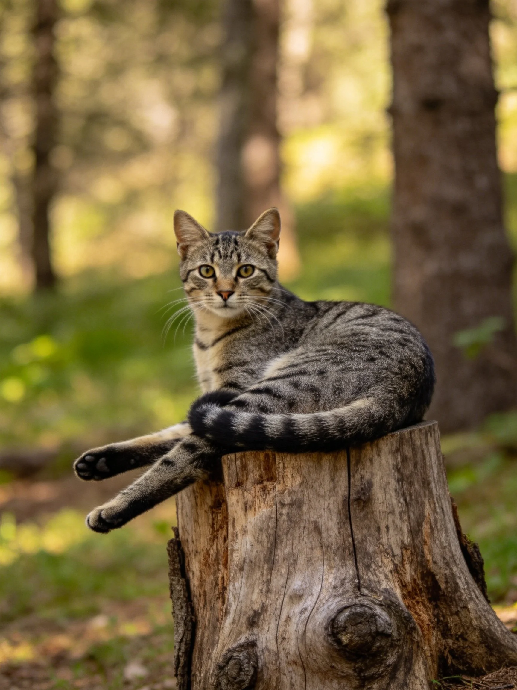A gray tabby cat lounges on an aged tree stump in a sun-dappled forest