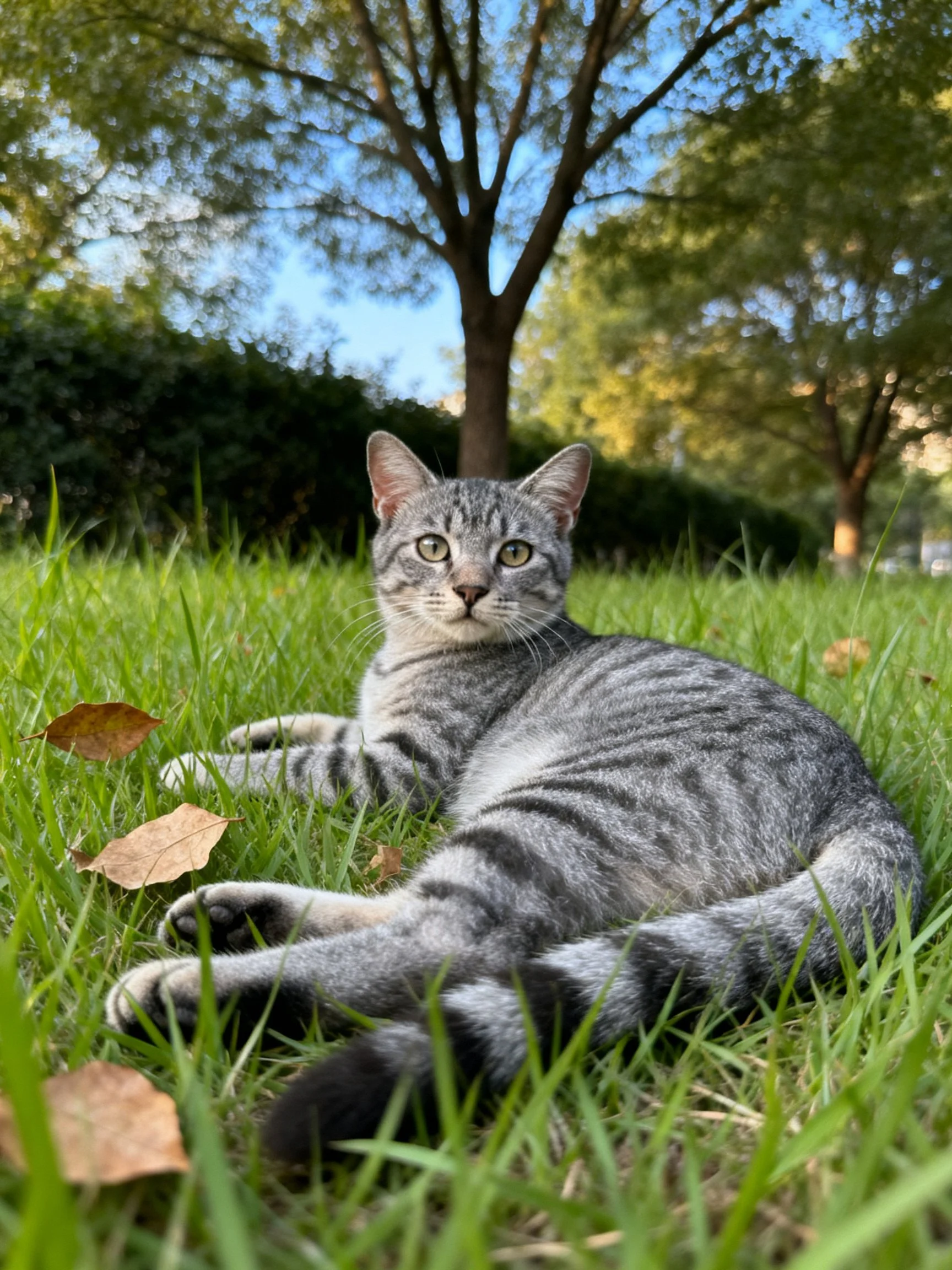 A gray tabby cat lounges on lush green grass near tall trees