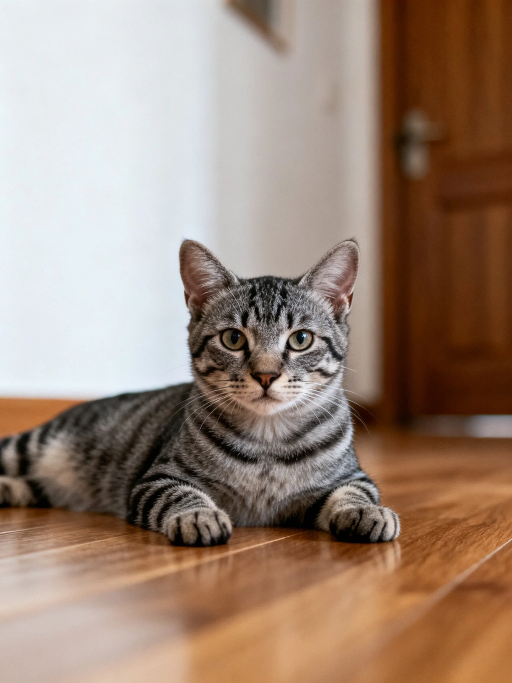 A gray tabby cat lounges on wooden flooring