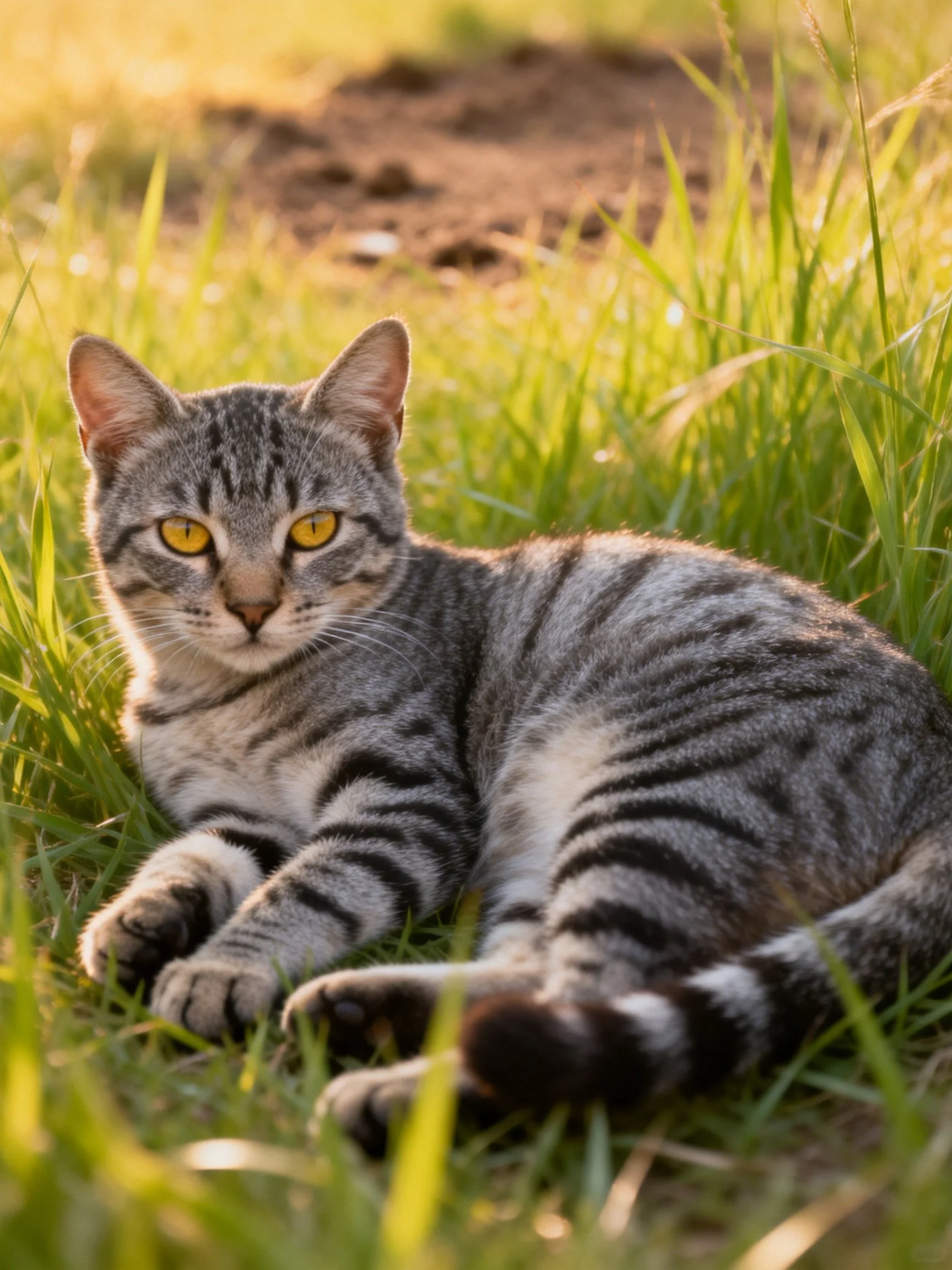A gray tabby cat lounging in sun-drenched tall grass