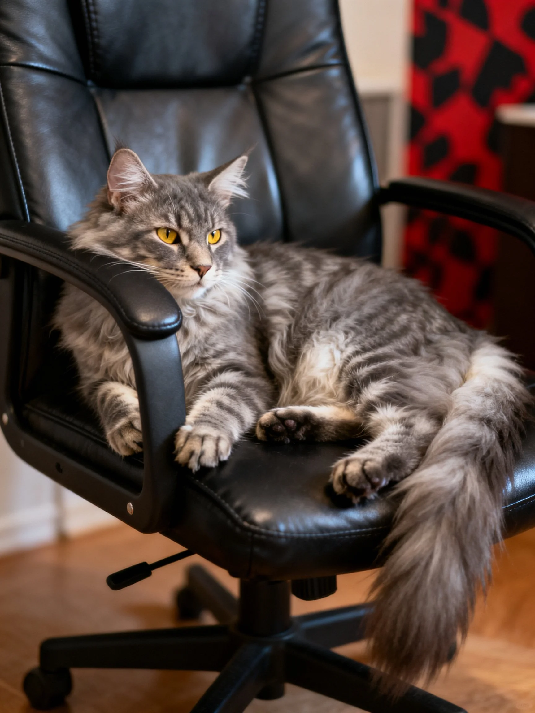 A gray tabby cat lounging on a black leather office chair