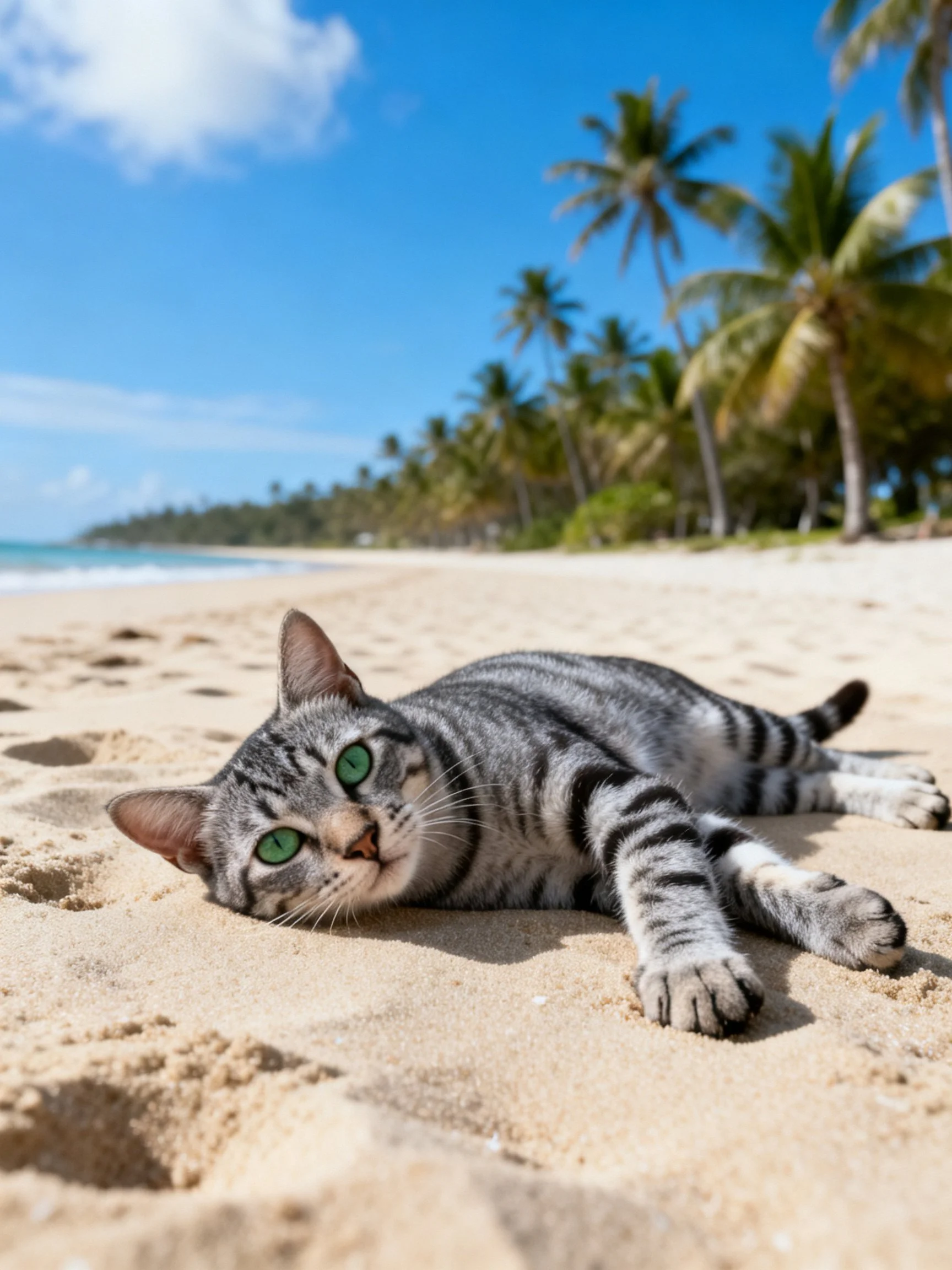 A gray tabby cat lounging on a sandy tropical beach