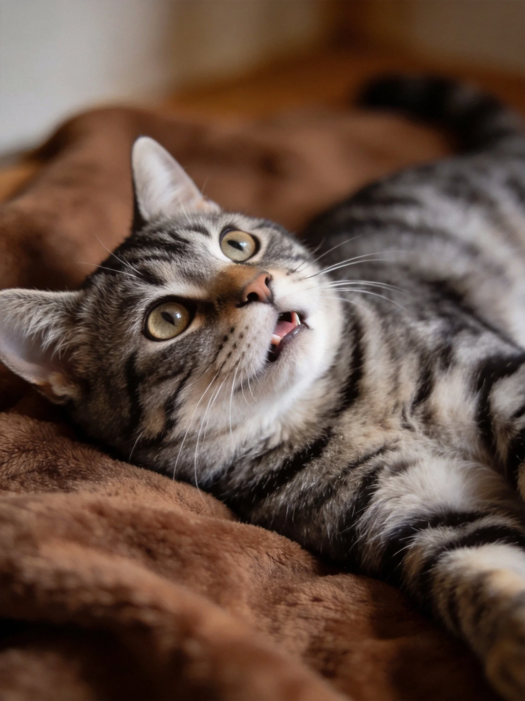 A gray tabby cat lounging on a soft brown blanket with open mouth
