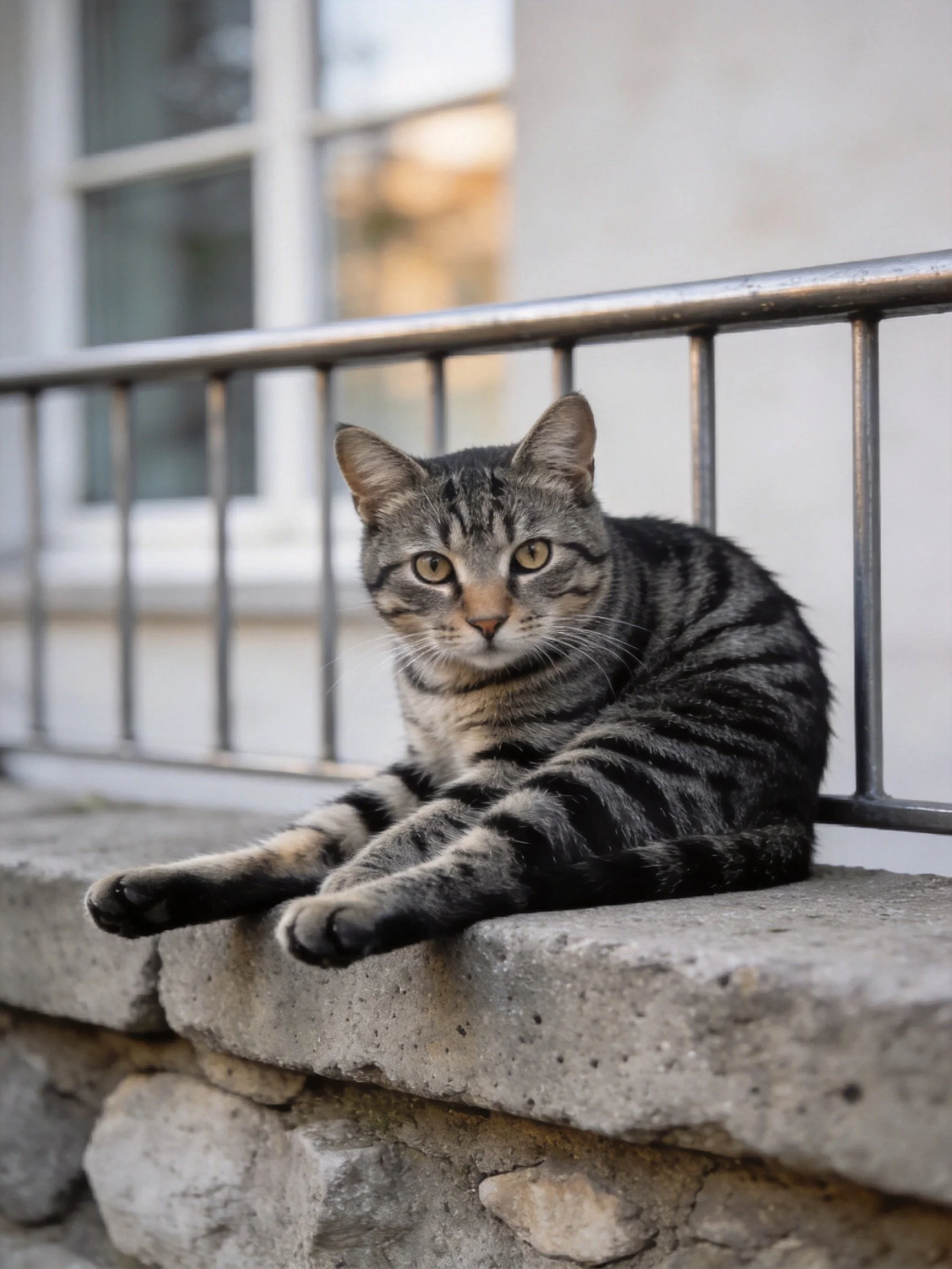 A gray-tabby cat lounging on a stone ledge near metal railings